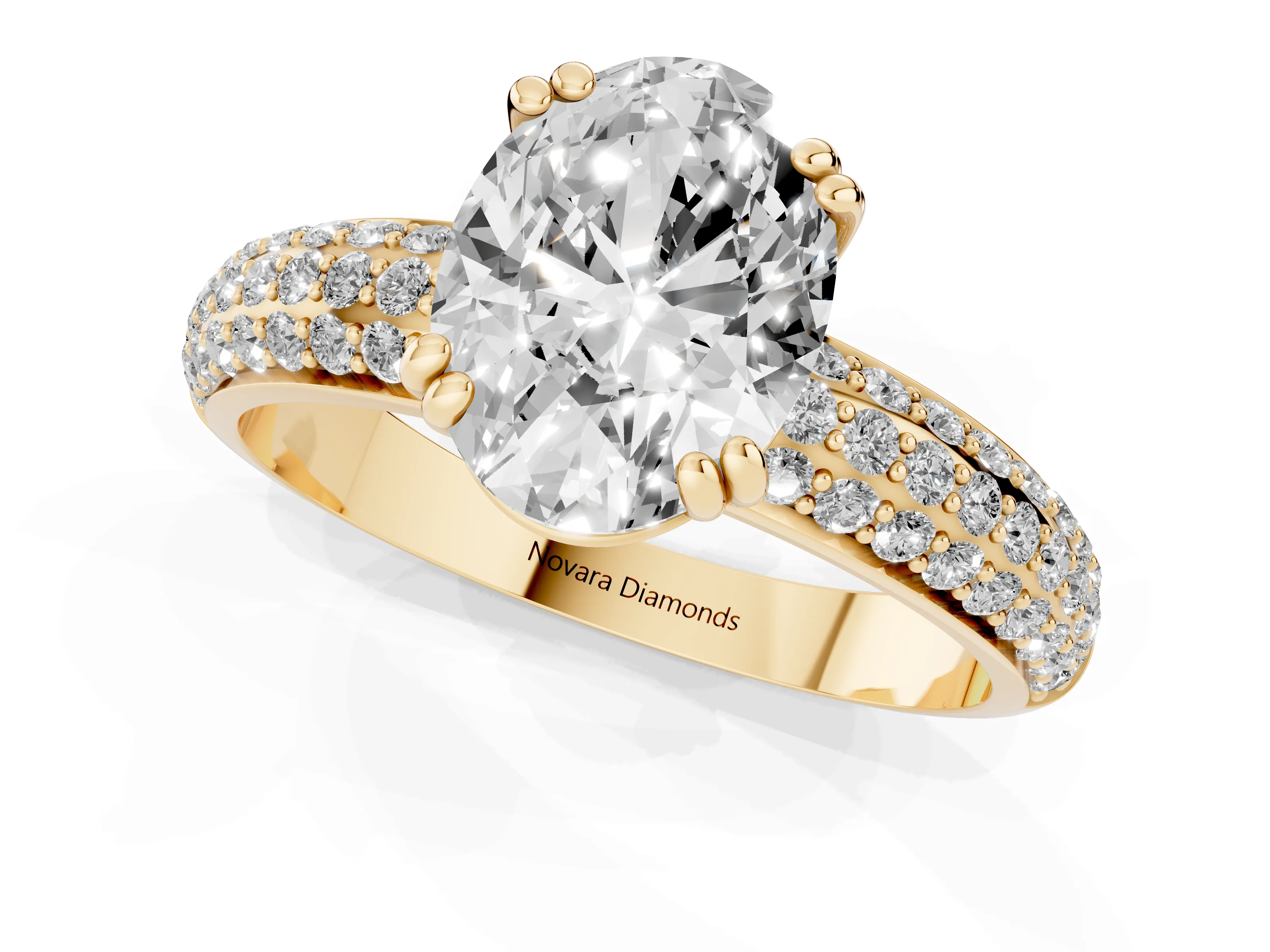 Oval Cut Diamond Solitaire Ring Set in Yellow gold with Multi-Row Round Pavé Band and Prong Setting