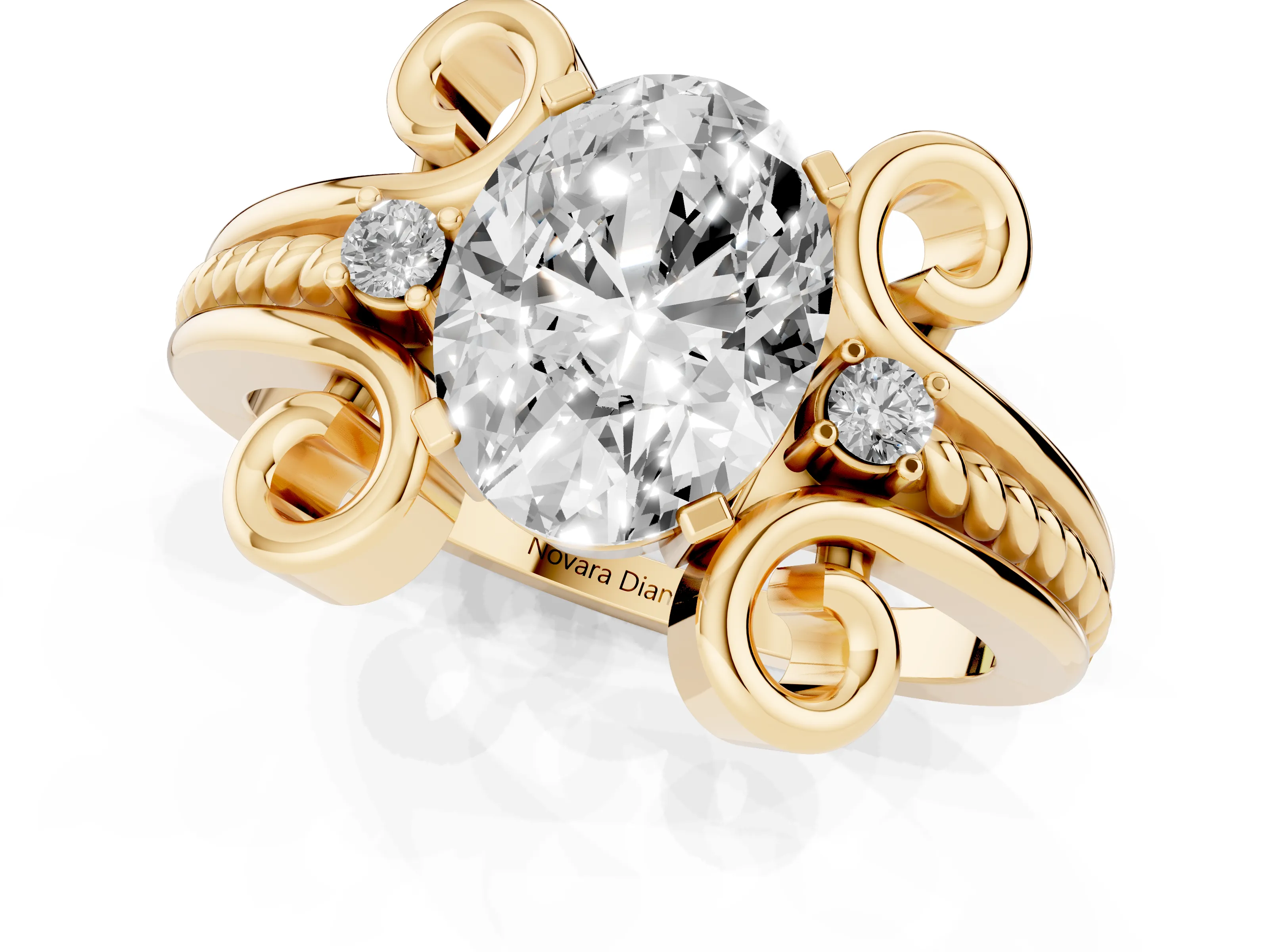 Oval Cut Diamond Twisted Band Solitaire Ring Set in Yellow gold with Scroll Prongs