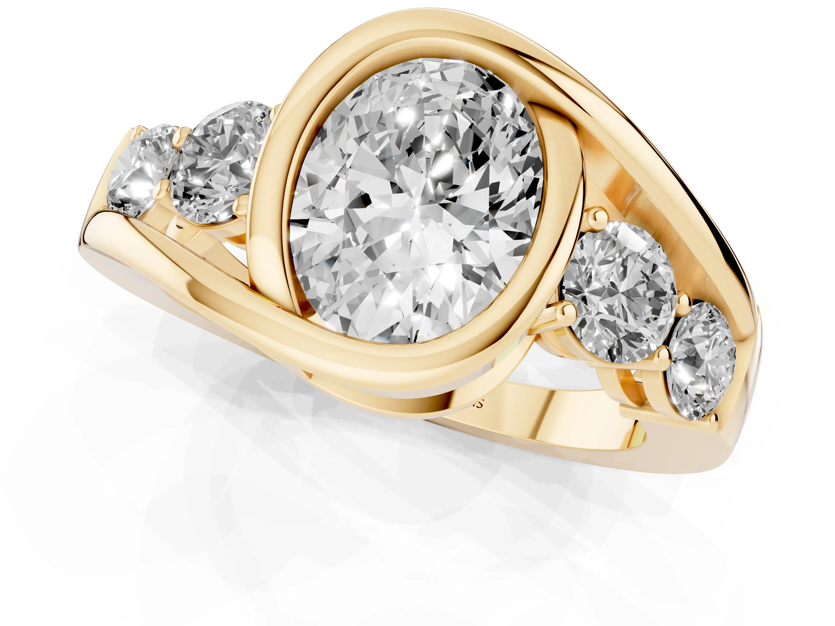 Oval Cut Diamond Bezel Bypass Ring Set in Yellow gold with Round Accents