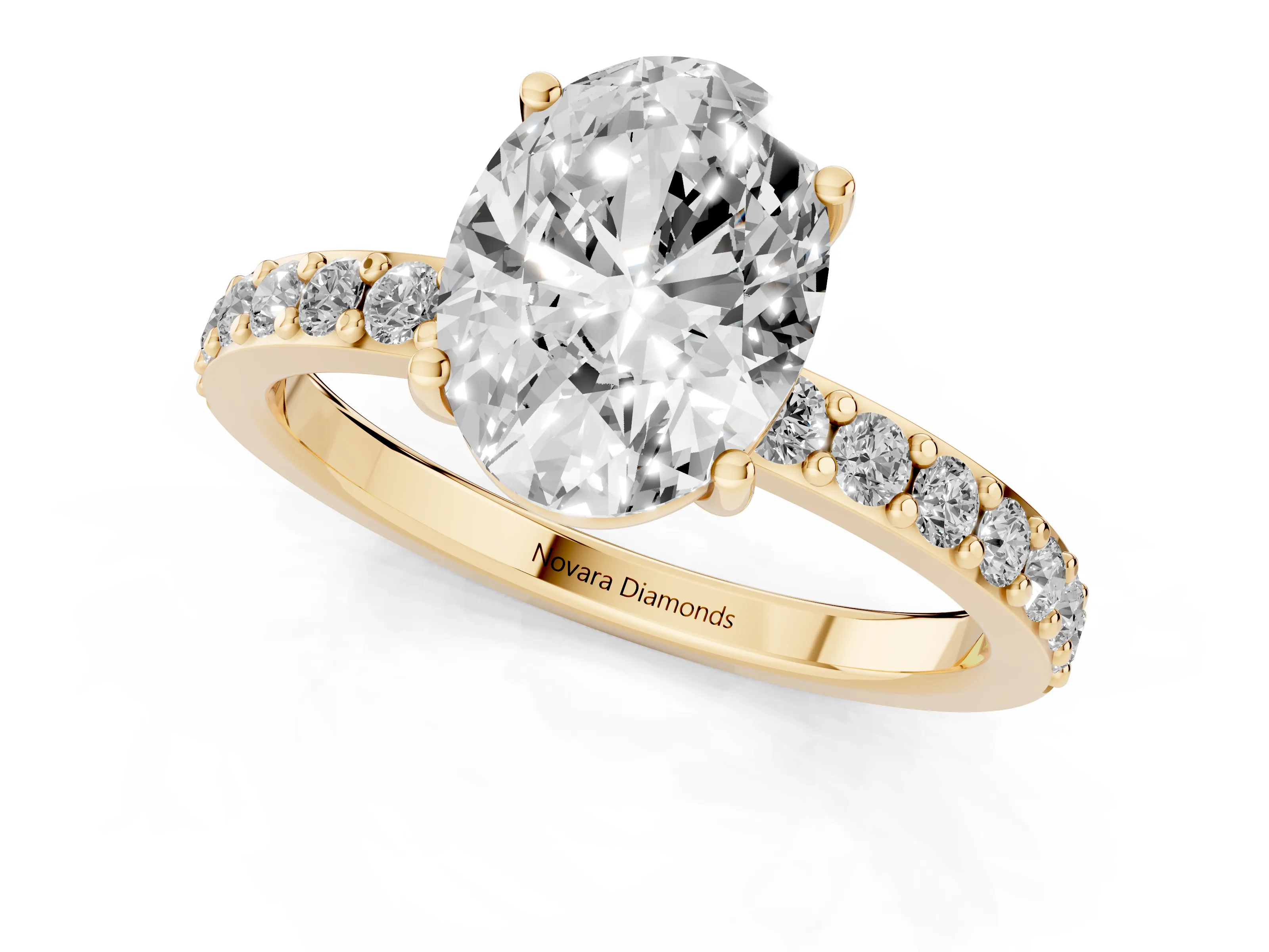 Oval Cut Diamond Solitaire Set in Yellow gold with Round Pavé Band and Prong Setting