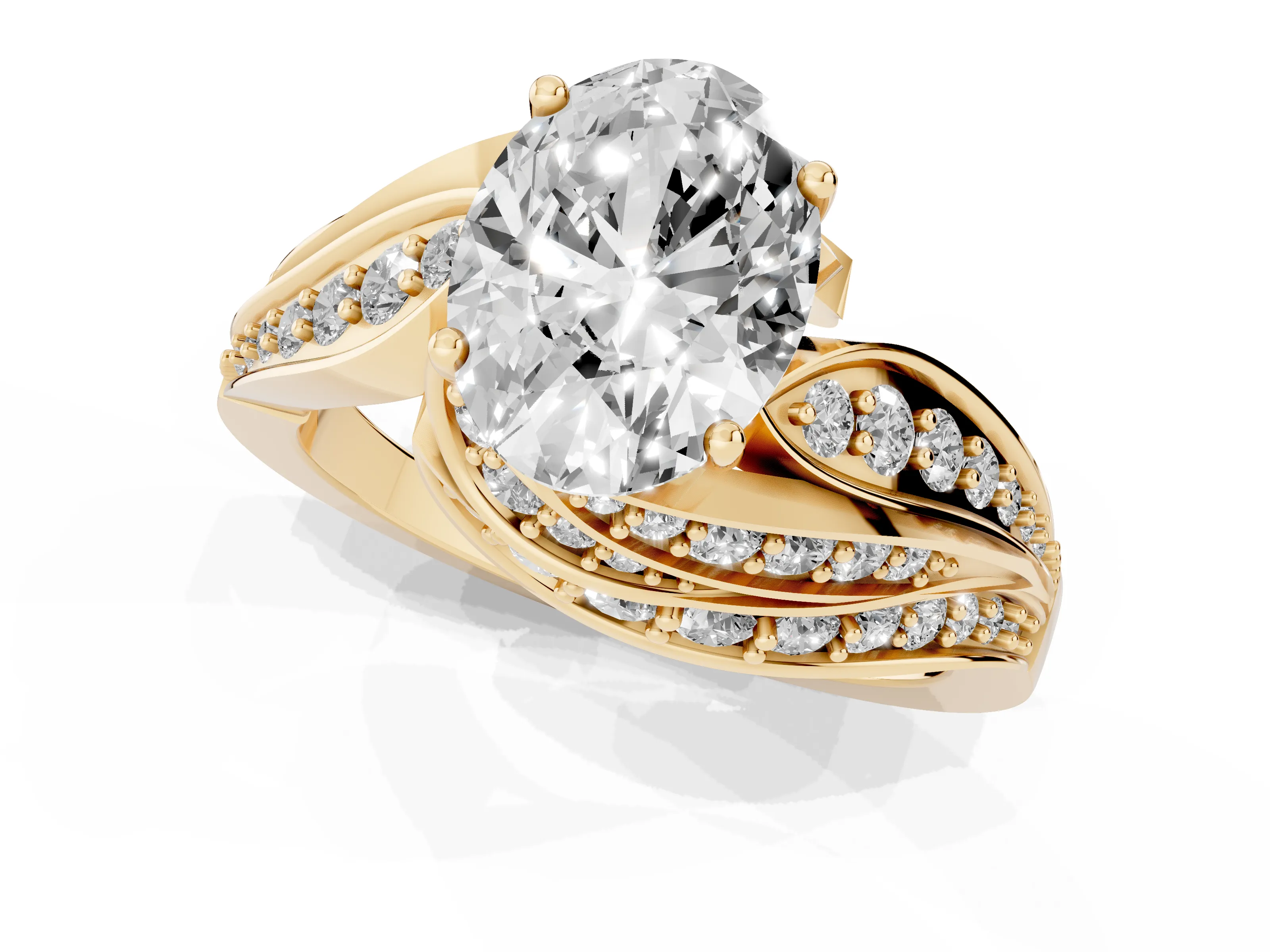 Oval Cut Diamond Solitaire Ring Set in Yellow gold with Layered Twist Pavé Band