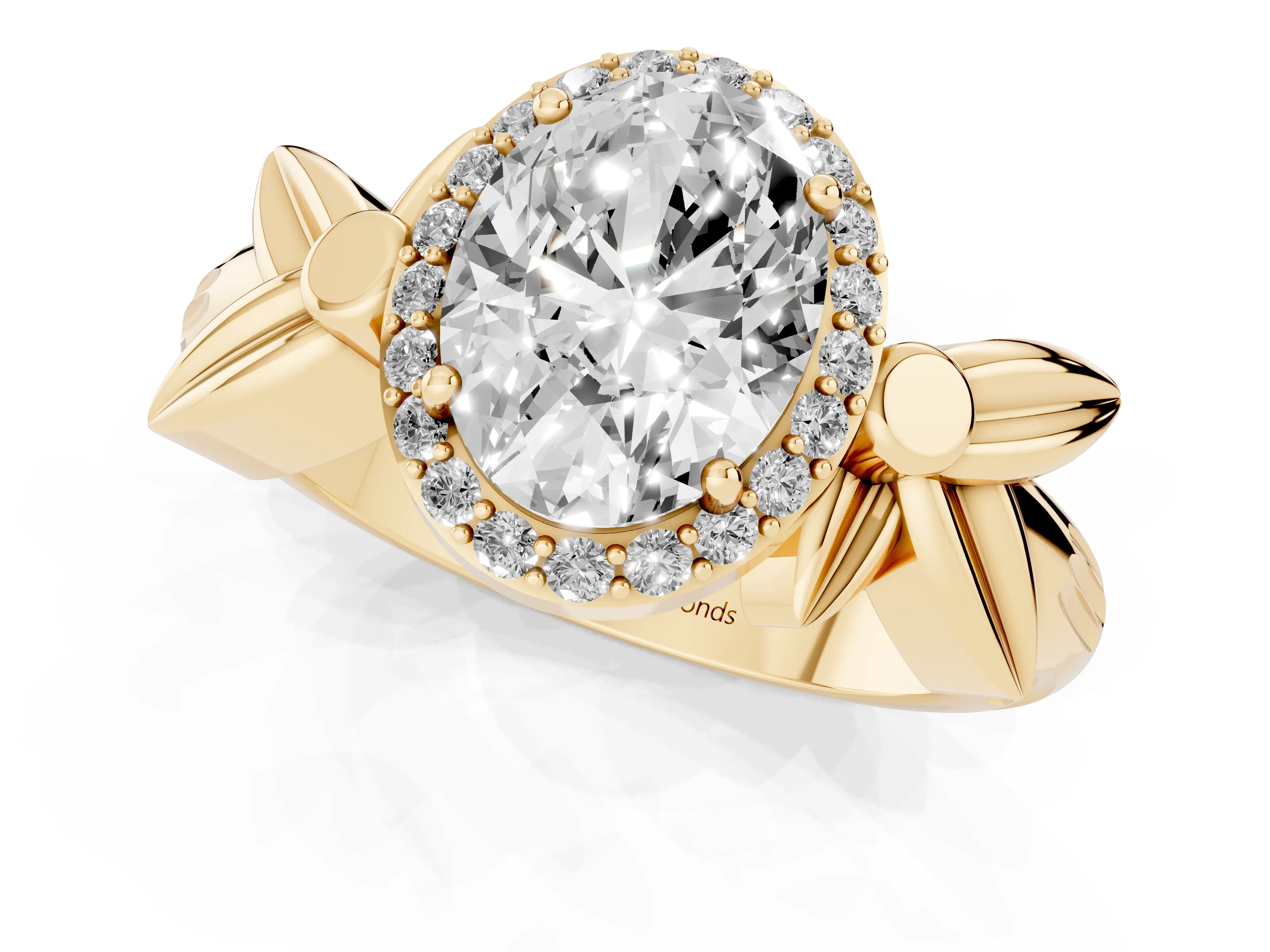 Oval Cut Diamond Halo Floral Band Ring Set in Yellow gold with Prong Setting