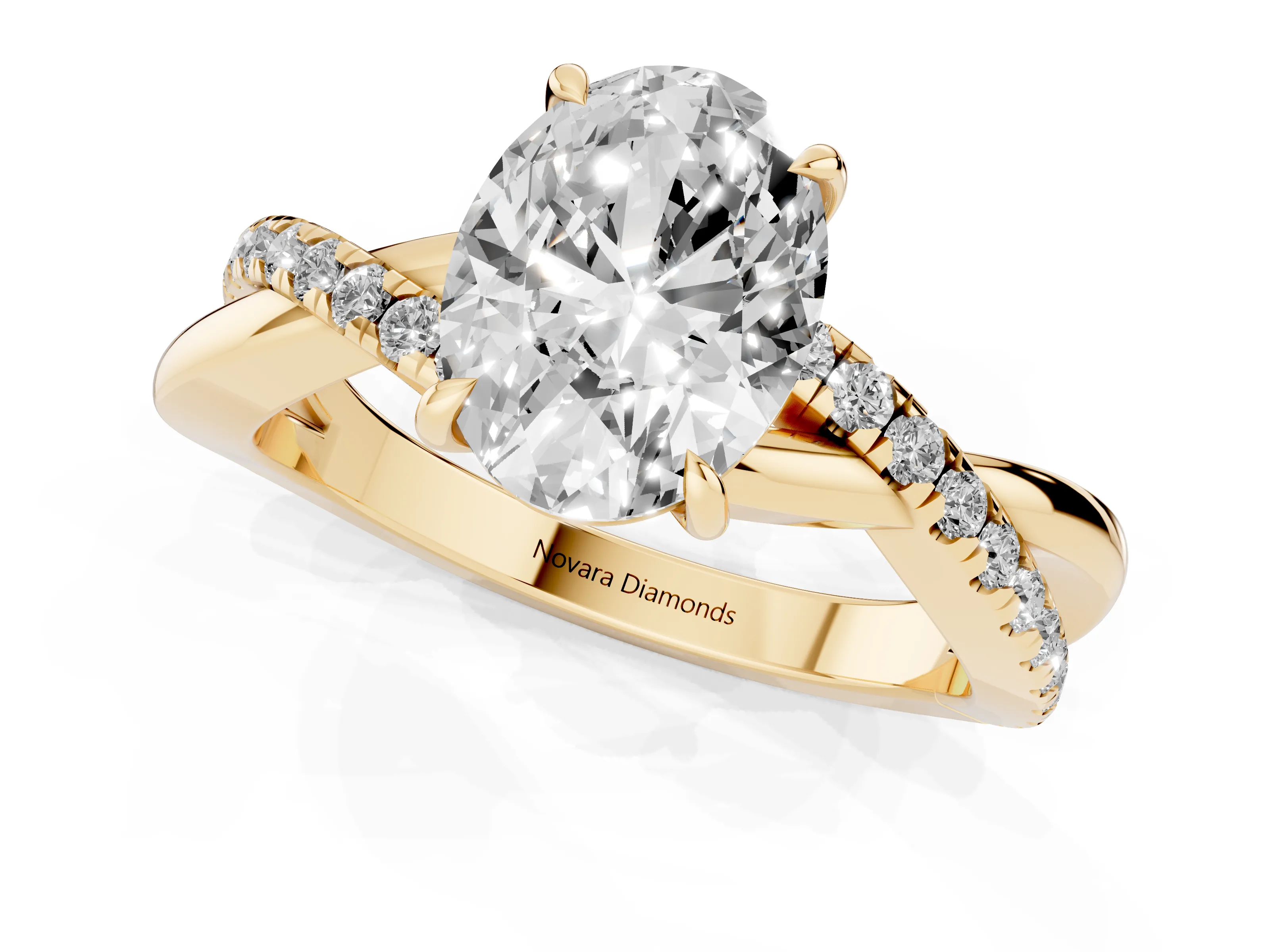 Oval Cut Diamond Twisted Pavé Band Ring Set in Yellow gold with Prong Setting