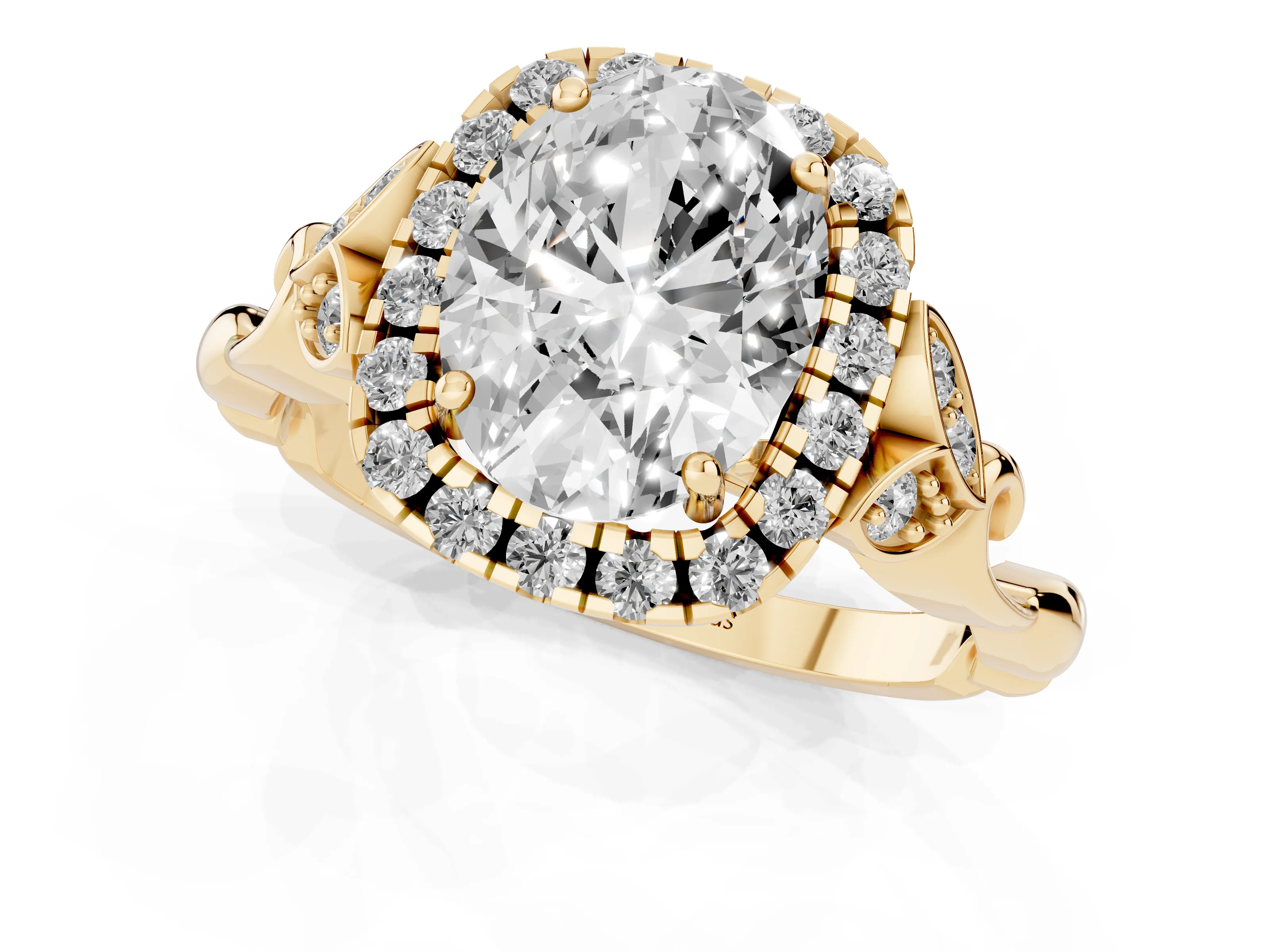 Oval Cut Diamond Halo Engagement Ring Set in Yellow gold with Vintage-Inspired Band and Prong Setting