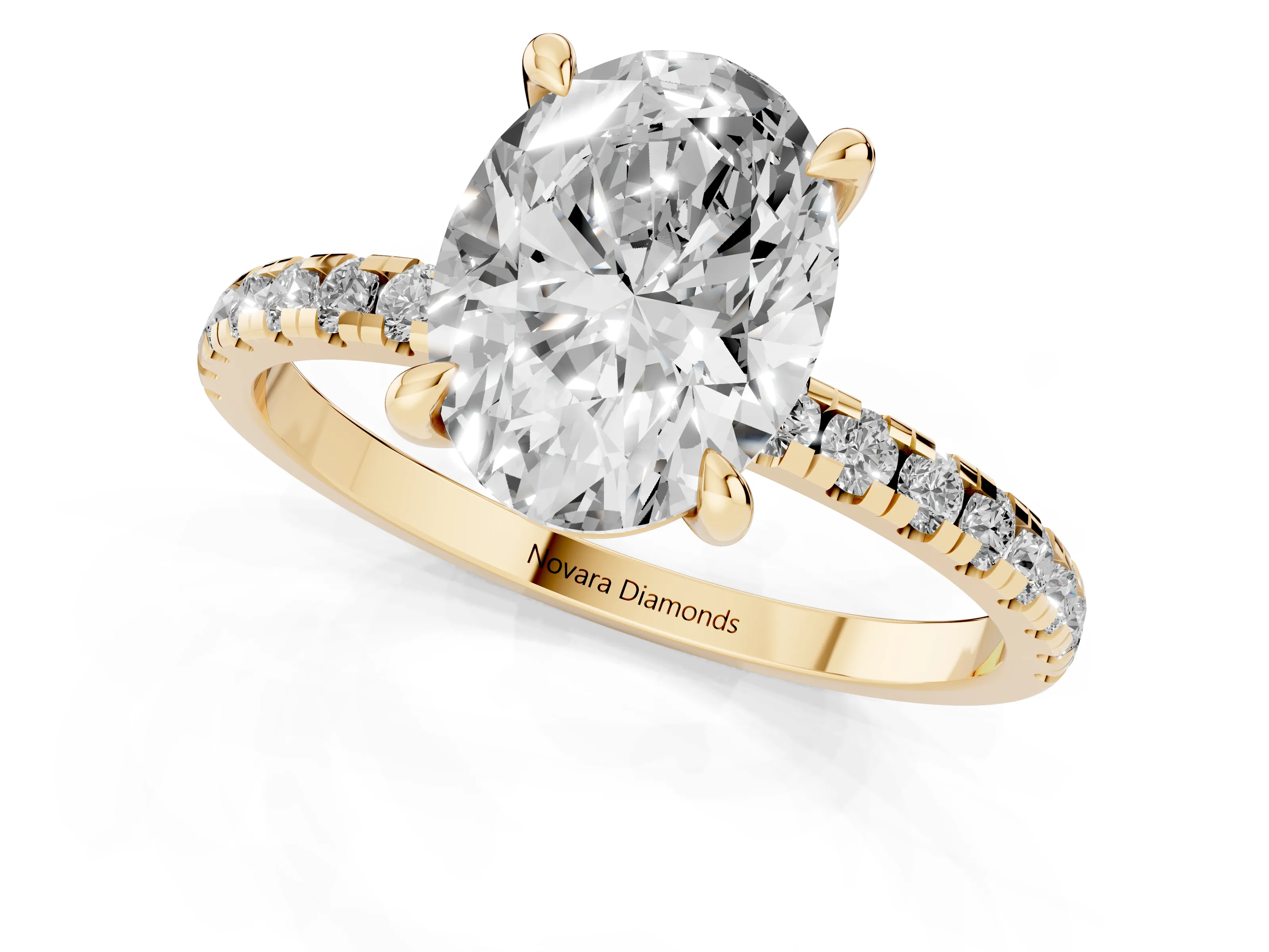 Oval Cut Diamond Brilliant Solitaire Ring Set in Yellow gold with Pavé Band and Prong Setting