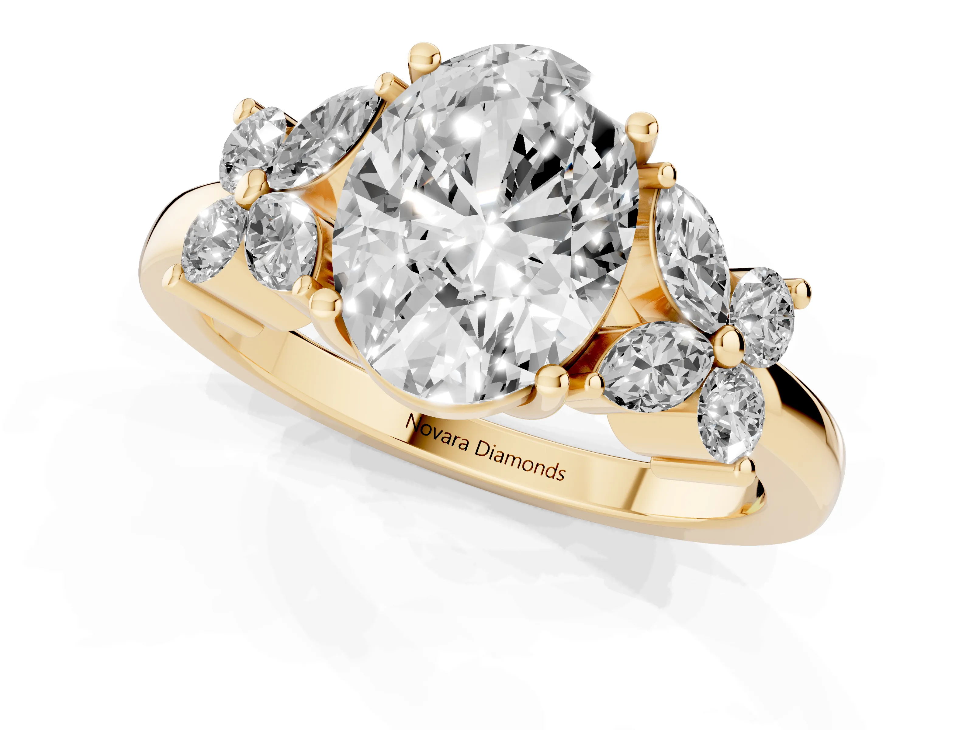 Oval Cut Diamond Floral Cluster Ring Set in Yellow gold with Marquise Petals and Prong Setting