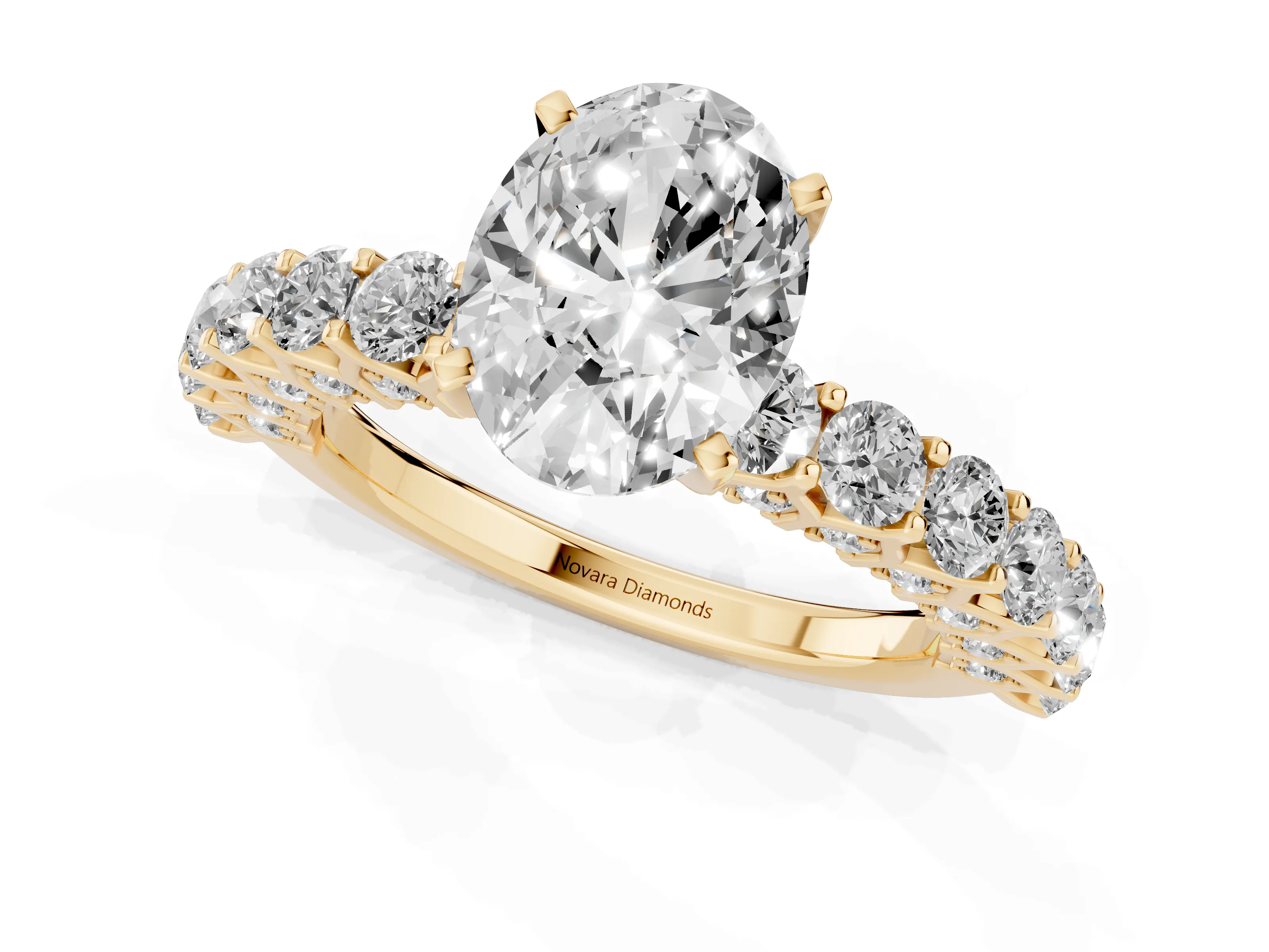 Oval Cut Diamond Solitaire Ring Set in Yellow gold with Shared Prong Pavé Band