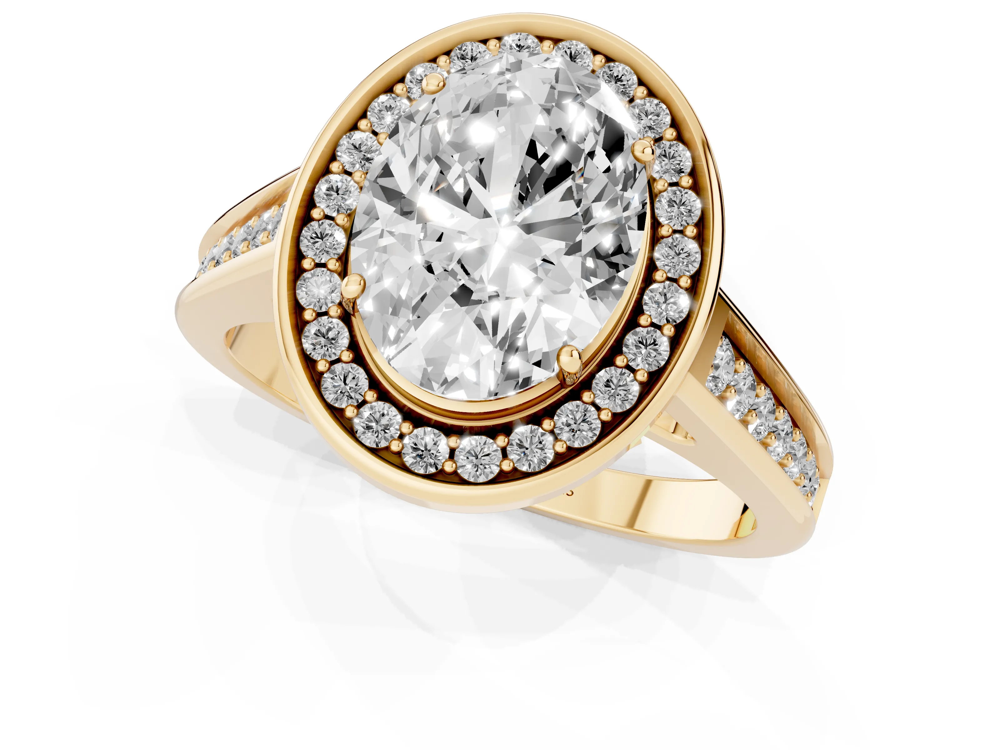 Oval Cut Diamond Halo Solitaire Ring Set in Yellow gold with Pavé Band and Bezel Setting