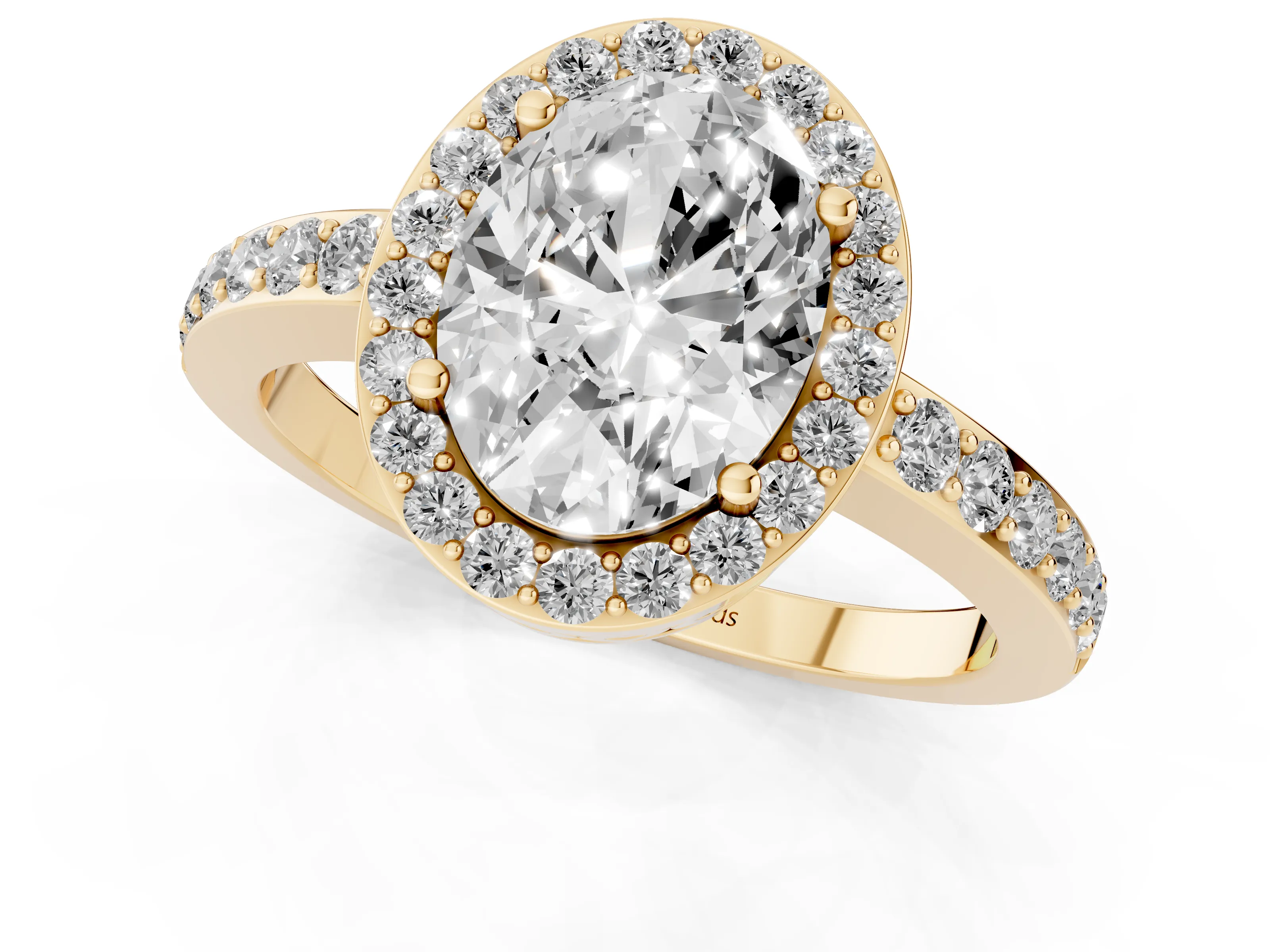Oval Cut Diamond Halo Ring Set in Yellow gold with Pavé-Setting Band and Open Prong Center