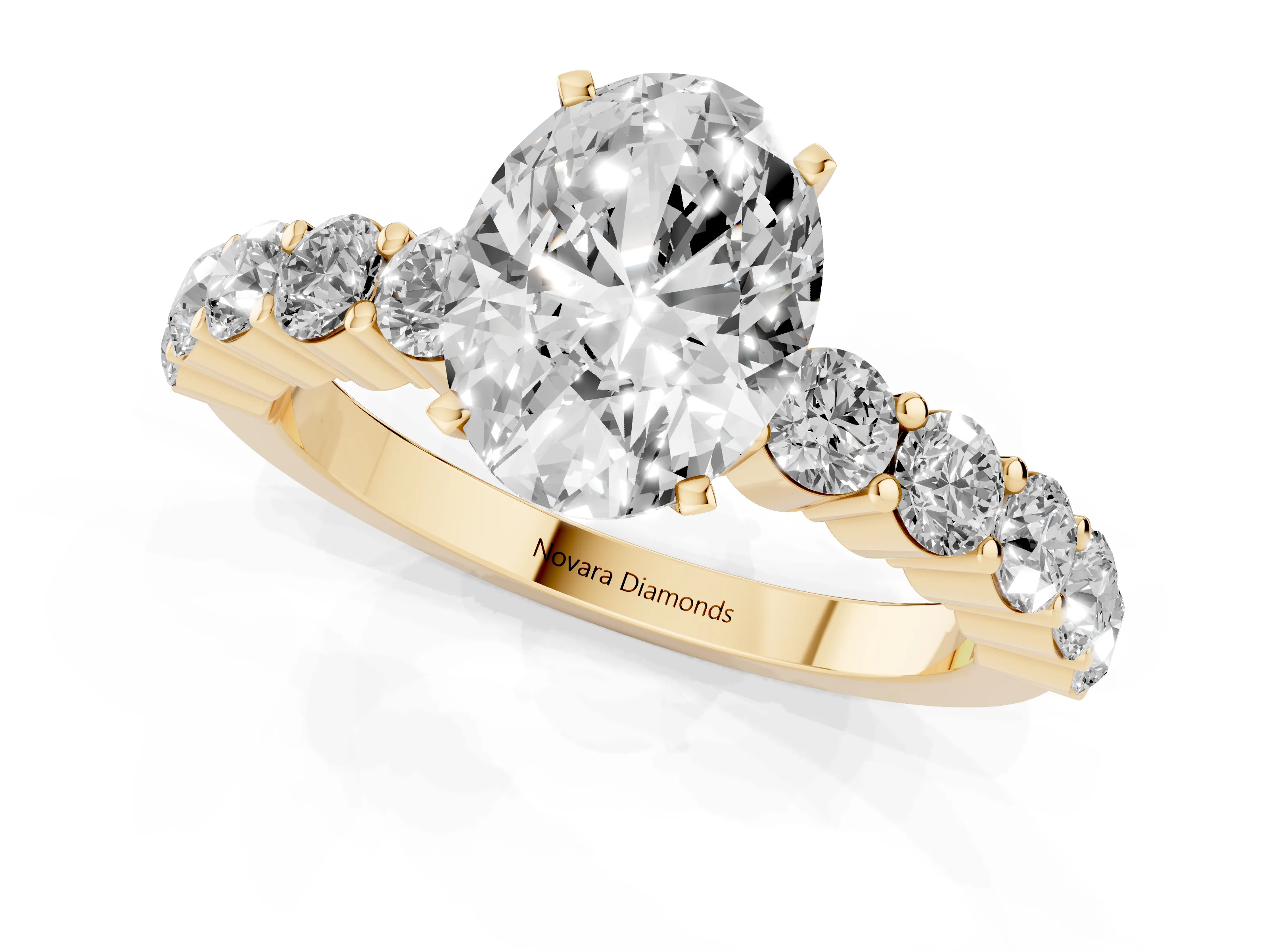 Oval Cut Diamond Solitaire Ring Set in Yellow gold with Shared Prong Round Side Stones