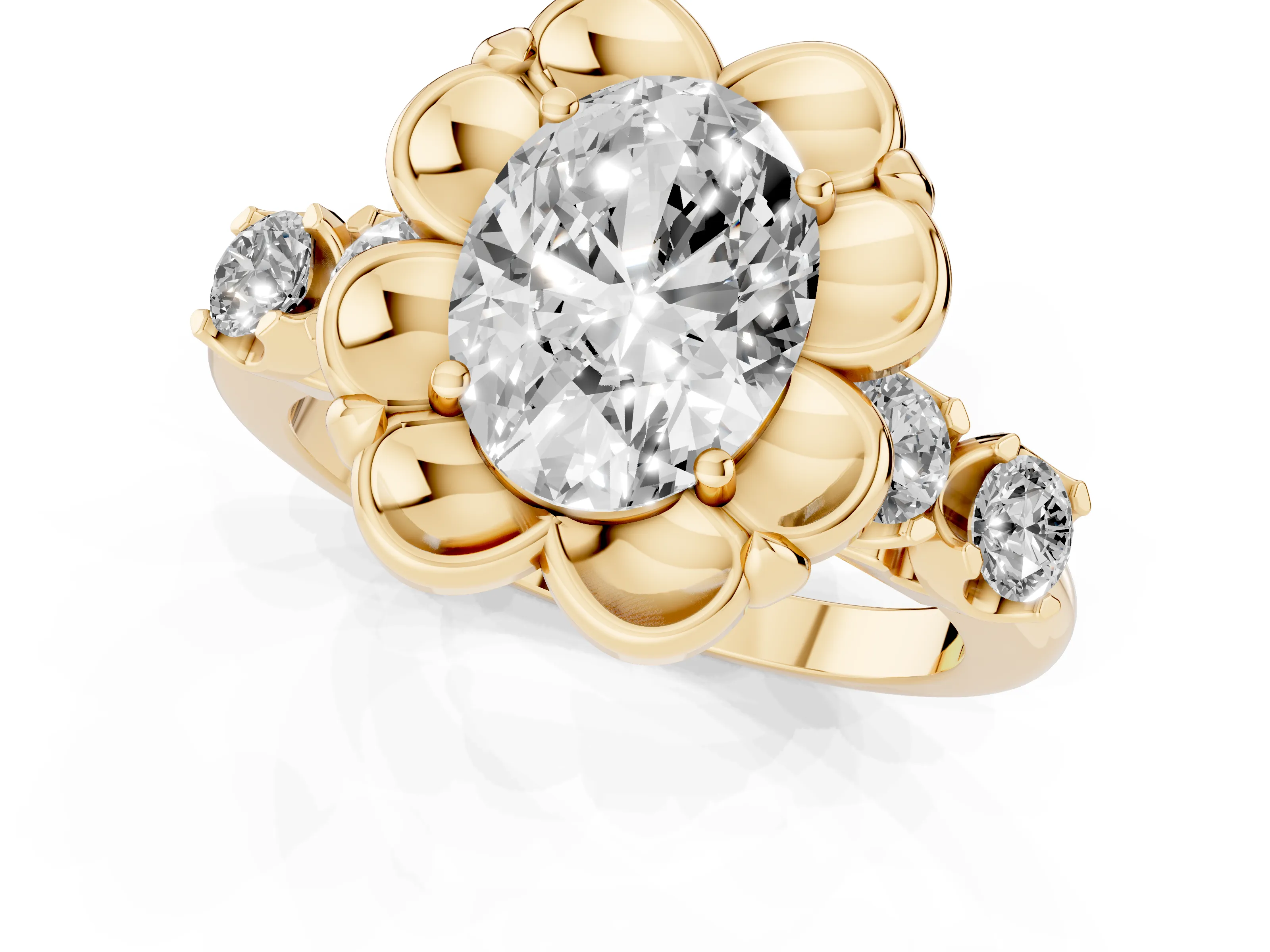 Oval Cut Diamond Floral Halo Ring Set in Yellow gold with Shared Prong Band