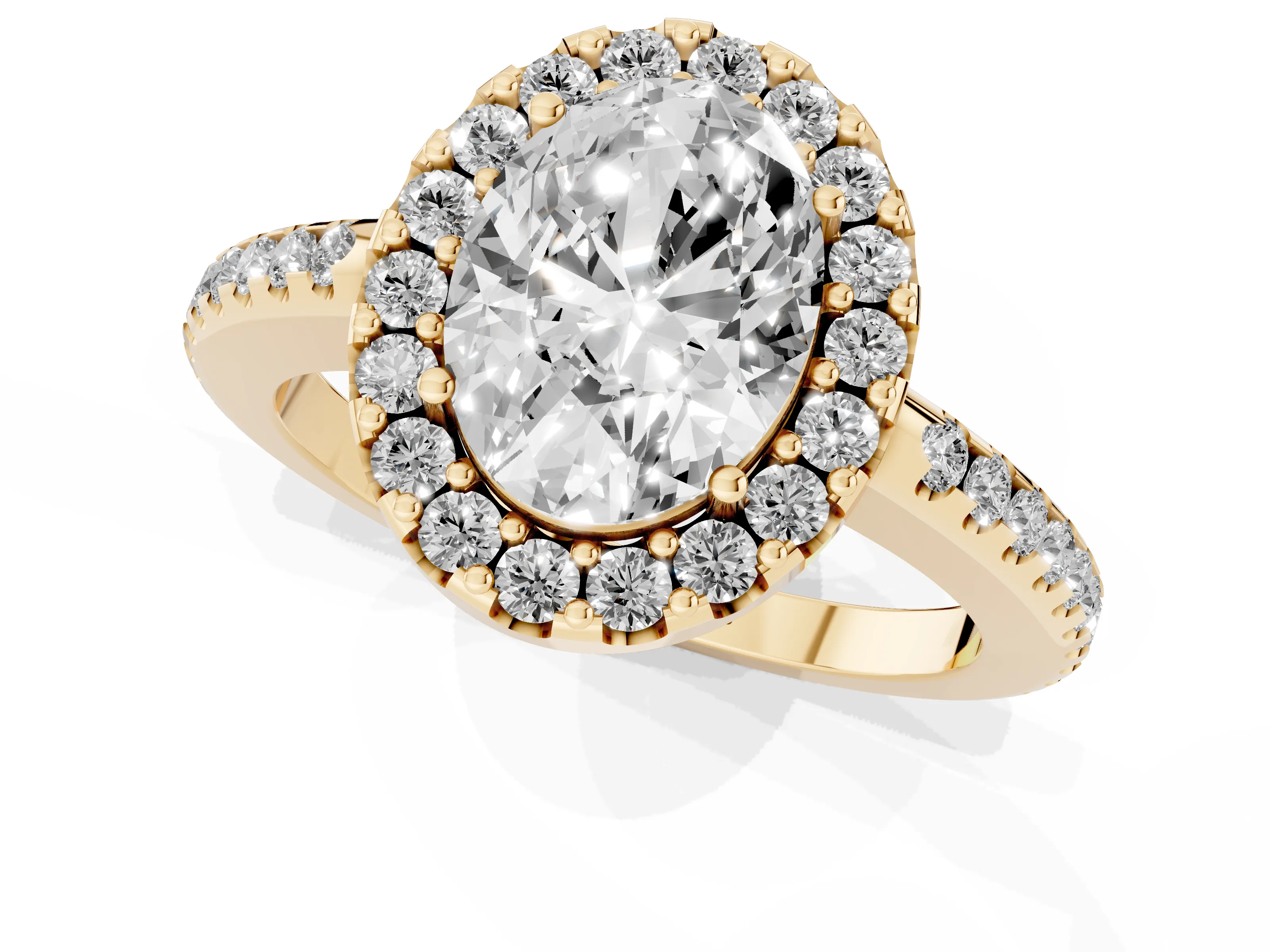 Oval Cut Diamond Pavé Halo Ring Set in Yellow gold with Prong Setting