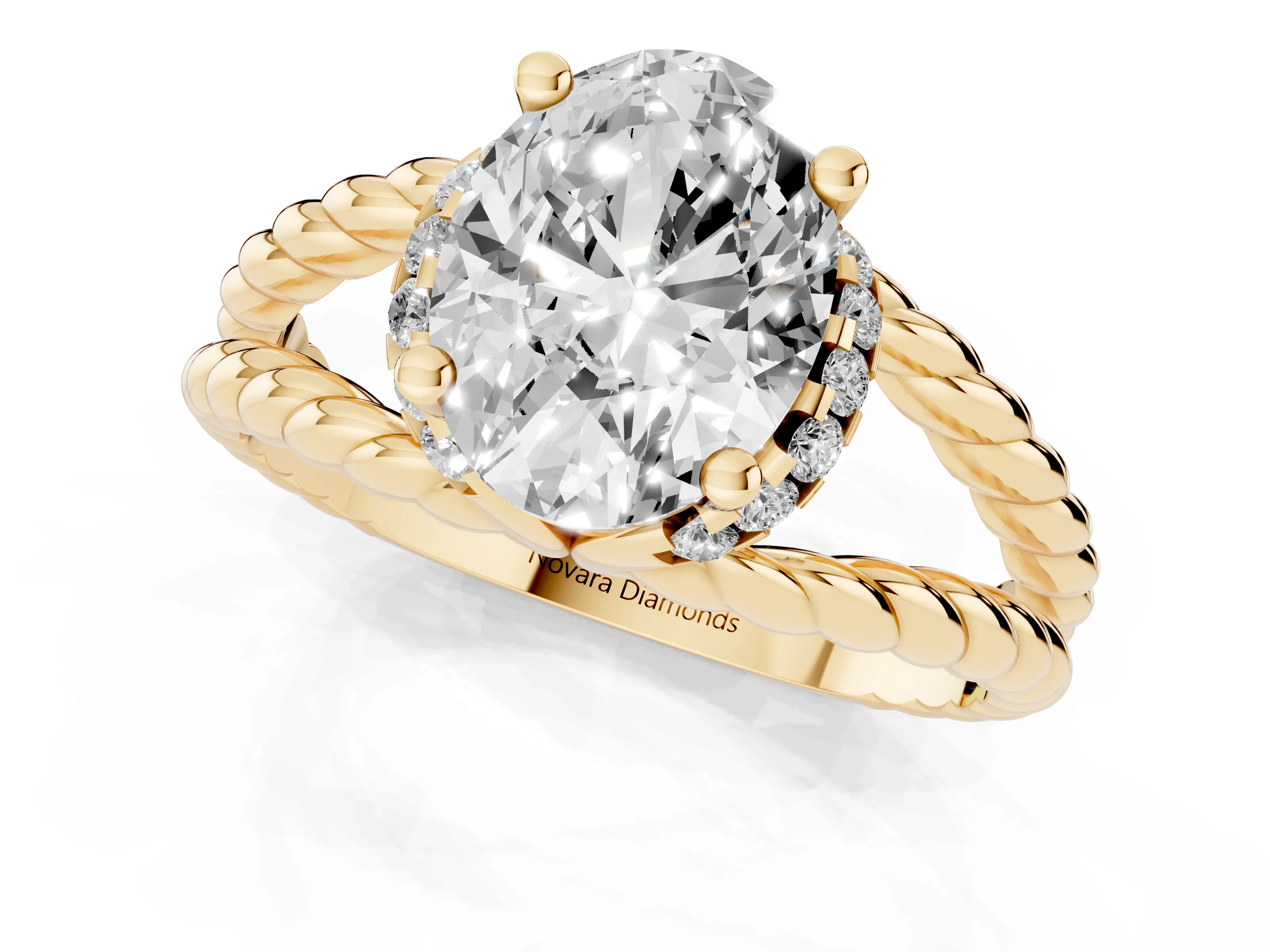 Oval Cut Diamond Halo Ring Set in Yellow gold with Twisted Band and Prong Setting
