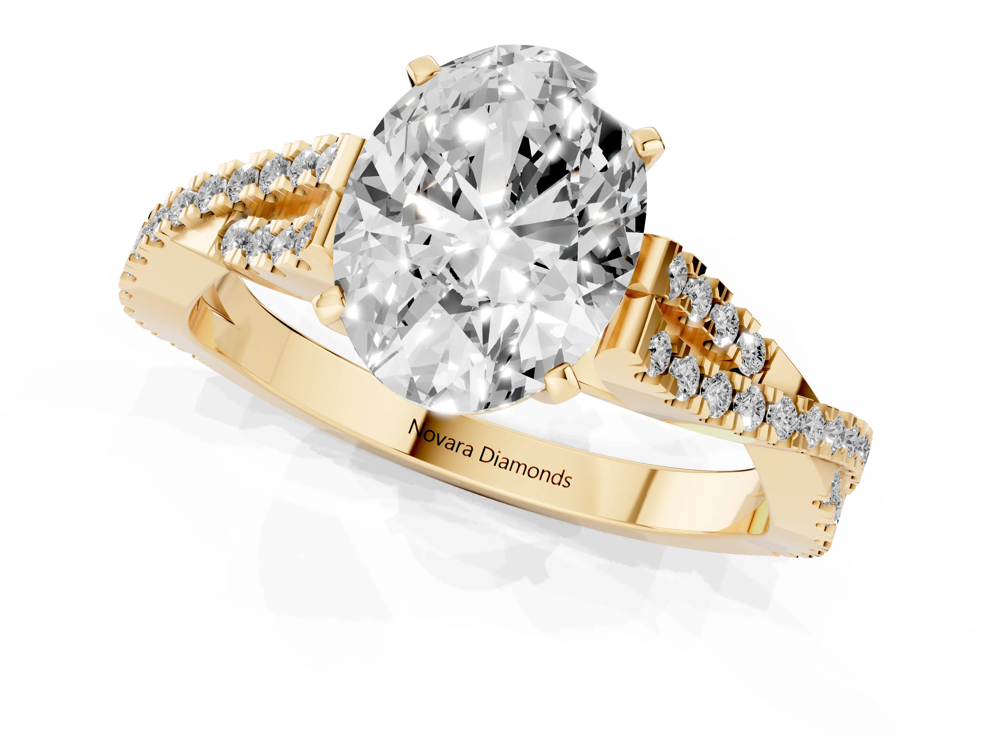 Oval Cut Diamond Solitaire Engagement Ring Set in Yellow gold with Twisted Pavé Band and Prong Setting