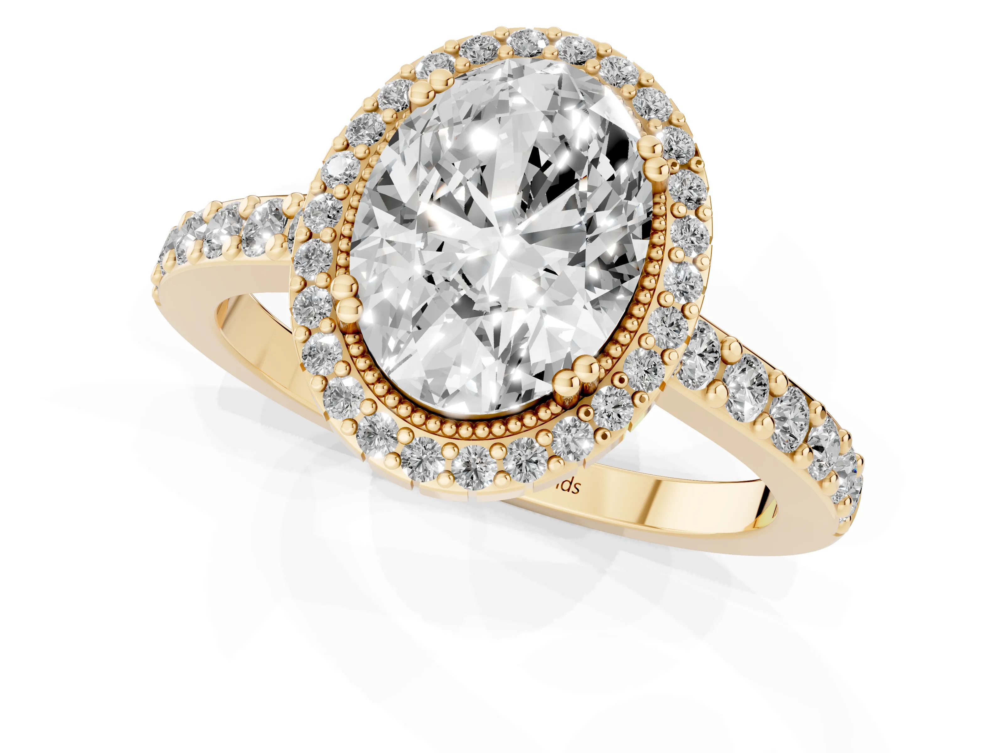 Oval Cut Diamond Halo Engagement Ring Set in Yellow gold with Milgrain Detail and Pavé Band
