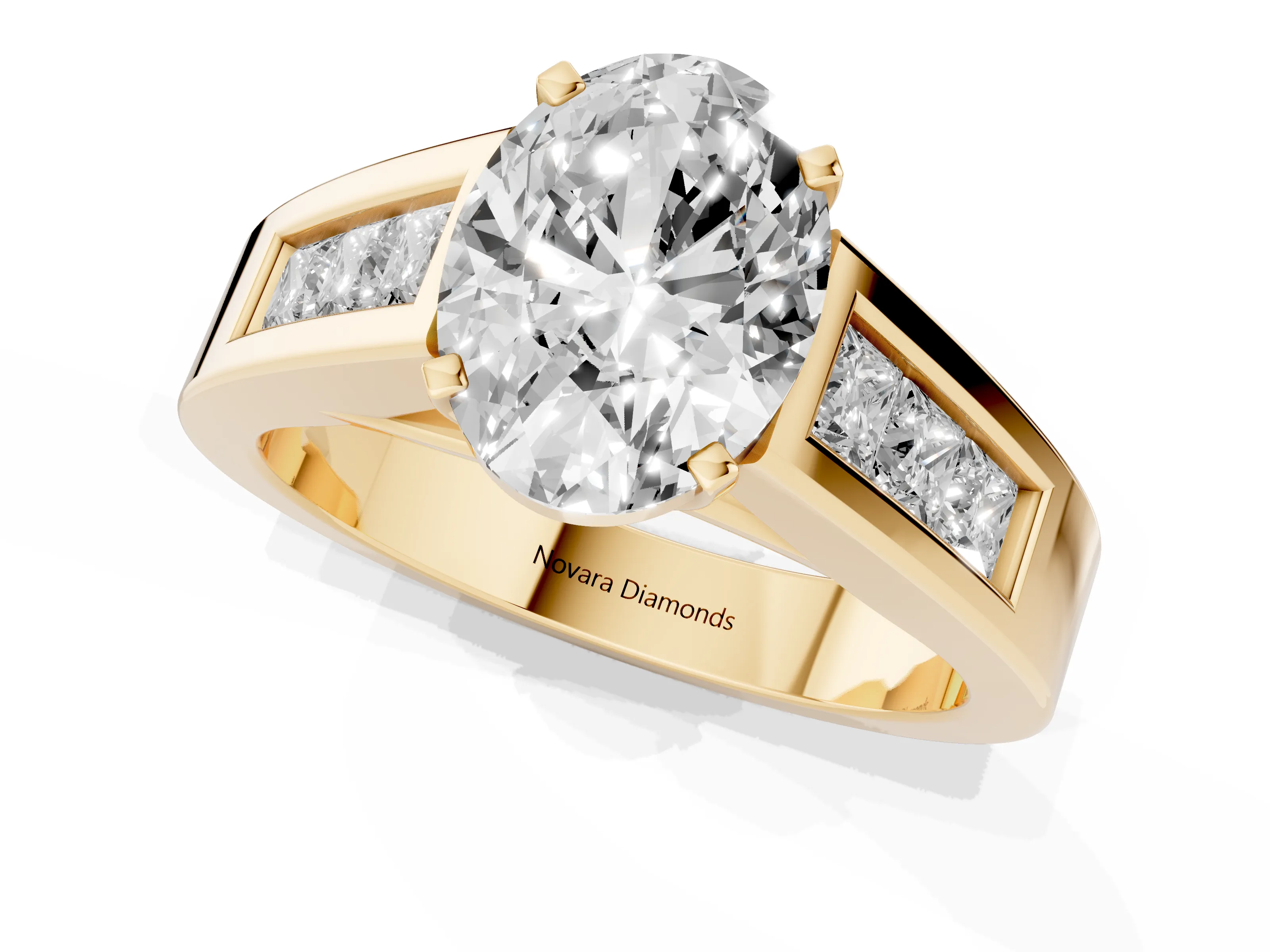 Oval Cut Diamond Solitaire Ring Set in Yellow gold with Channel-Set Accent Stones and Prong Setting