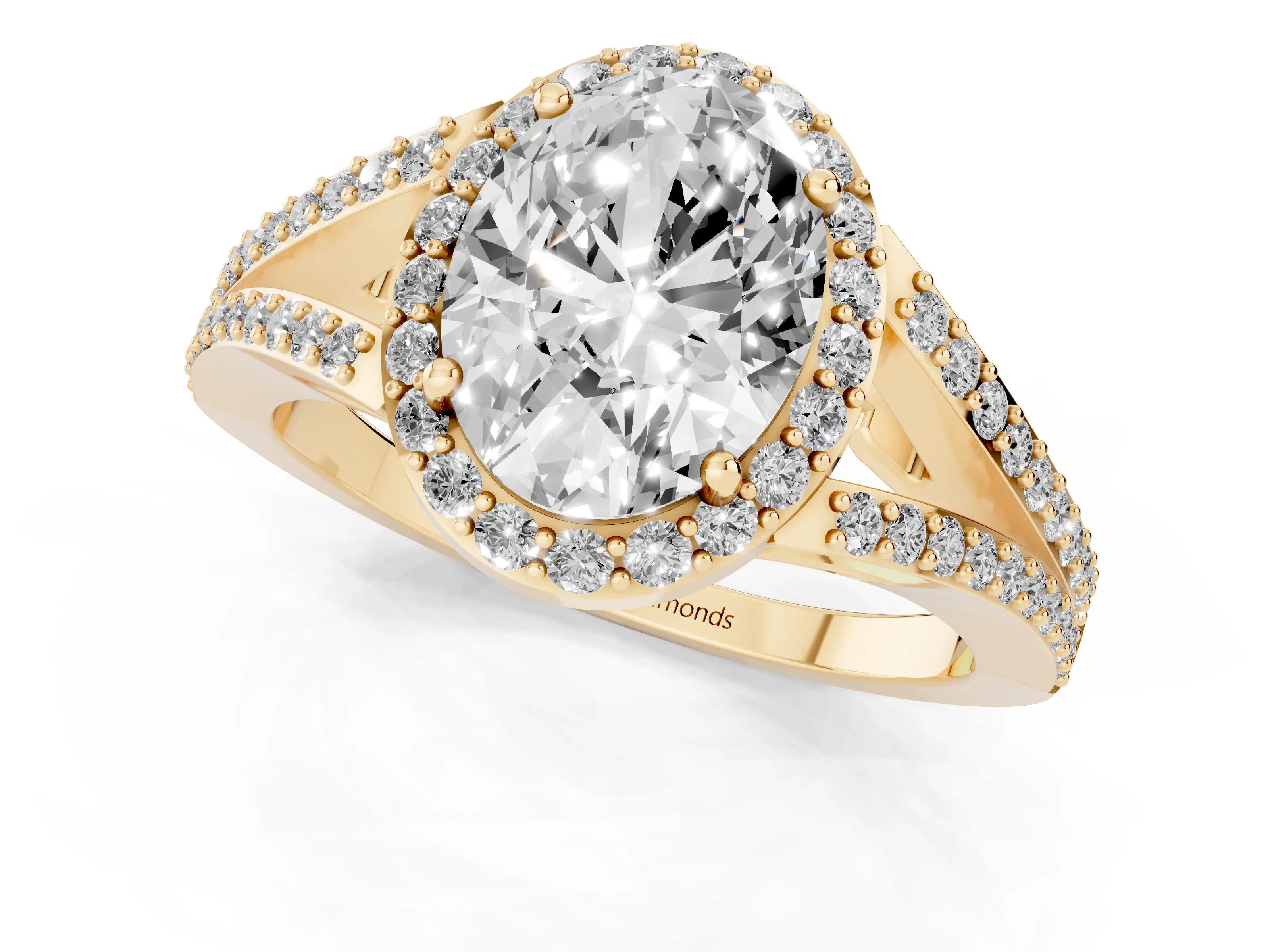 Oval Cut Diamond Halo Split Shank Ring Set in Yellow gold with Accent Stones and Prong Setting