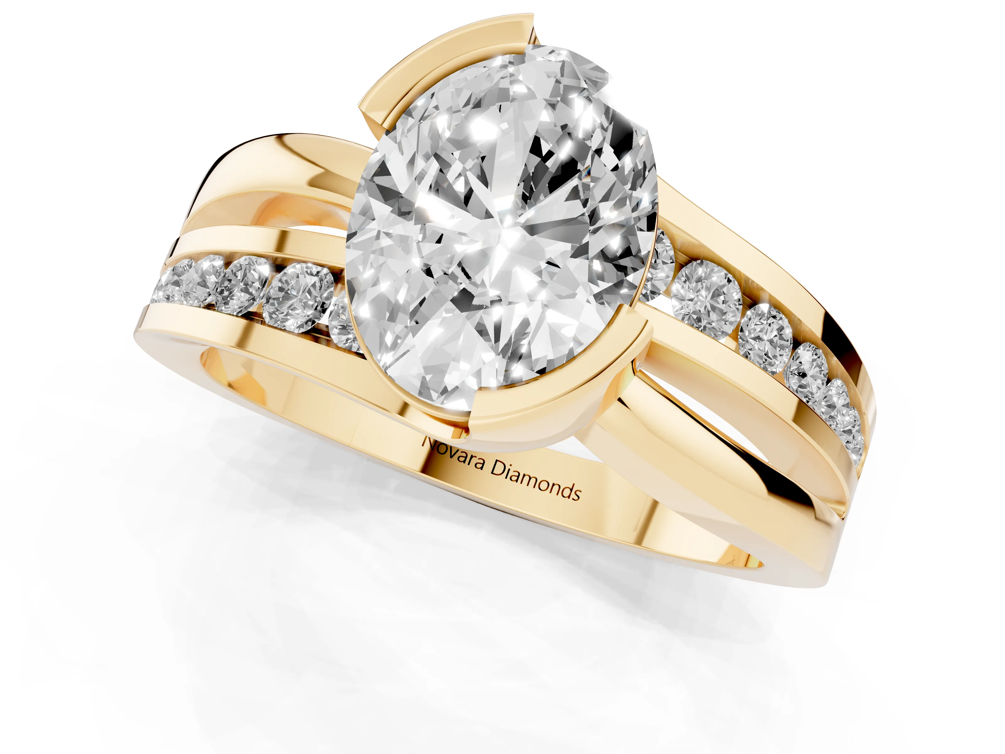 Oval Cut Diamond Solitaire Ring Set in Yellow gold with Channel Set Split Shank and Tension Prongs