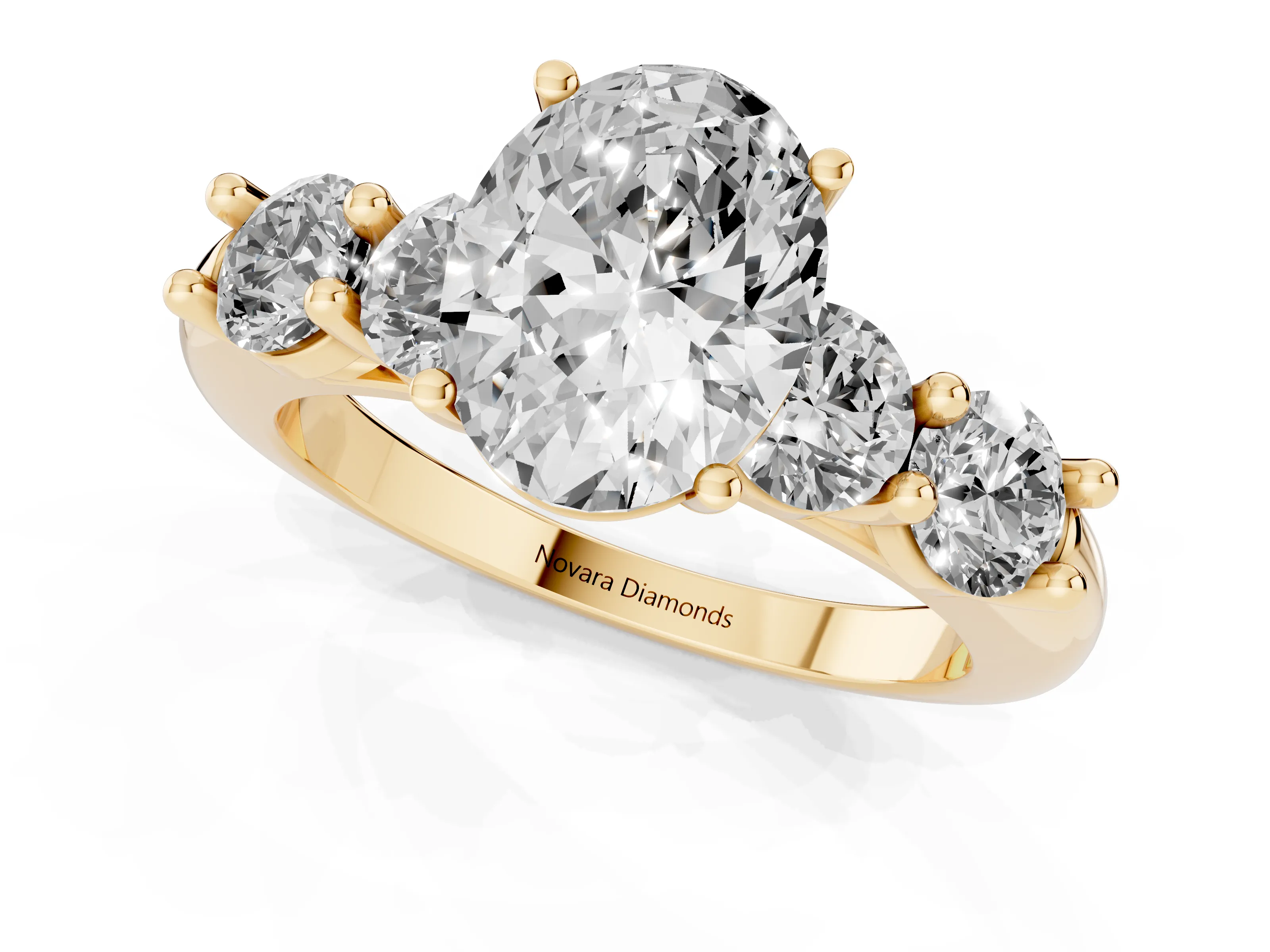 Oval Cut Diamond Five-Stone Prong Set Ring Set in Yellow gold with Classic Band