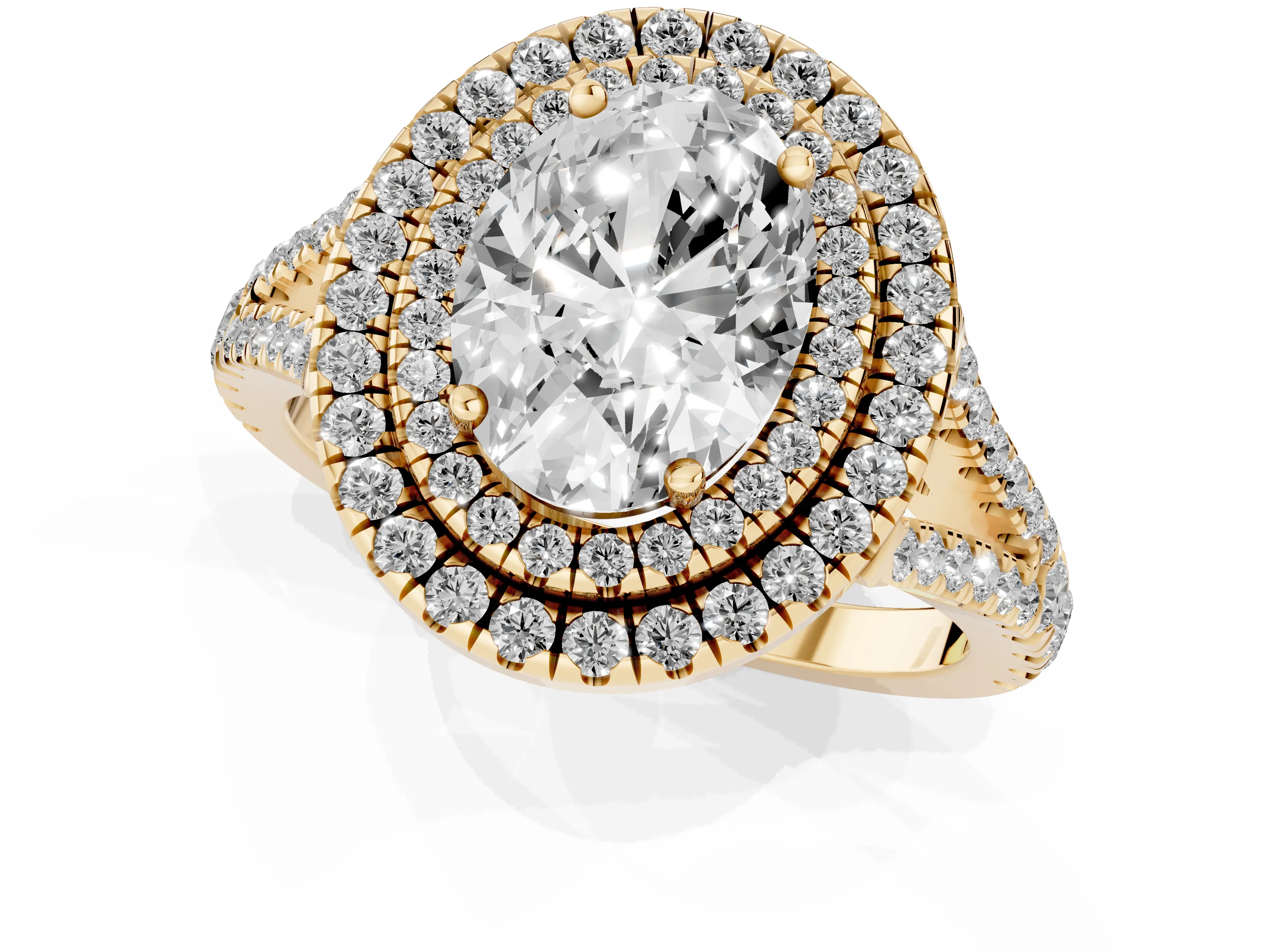 Oval Cut Diamond Double Halo Ring Set in Yellow gold with Pavé Band