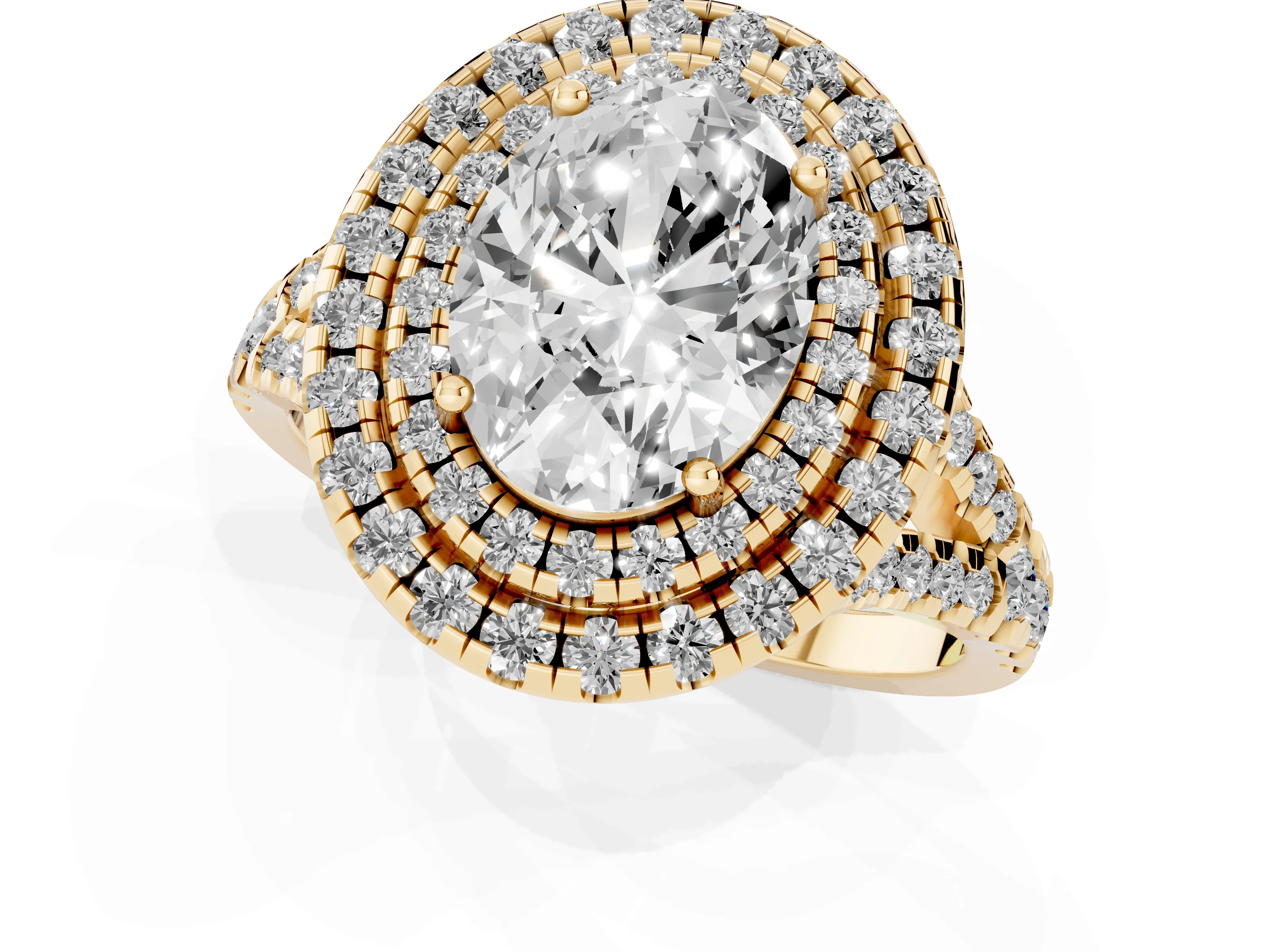 Oval Cut Diamond Double Halo Ring Set in Yellow gold with Pavé Split Shank and Prong Setting