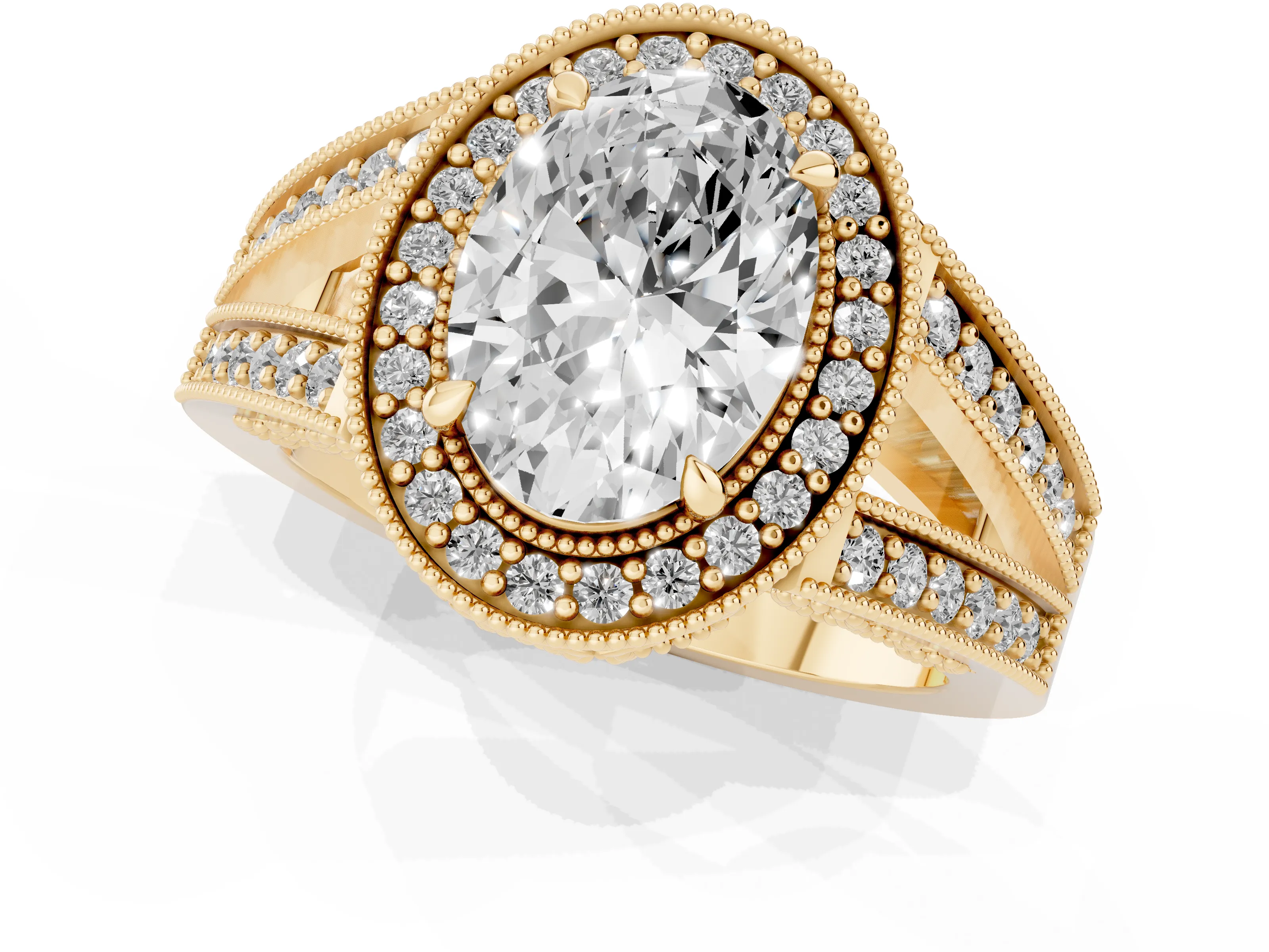 Oval Cut Diamond Halo Ring Set in Yellow gold with Stone-Set Split Shank and Milgrain Edges