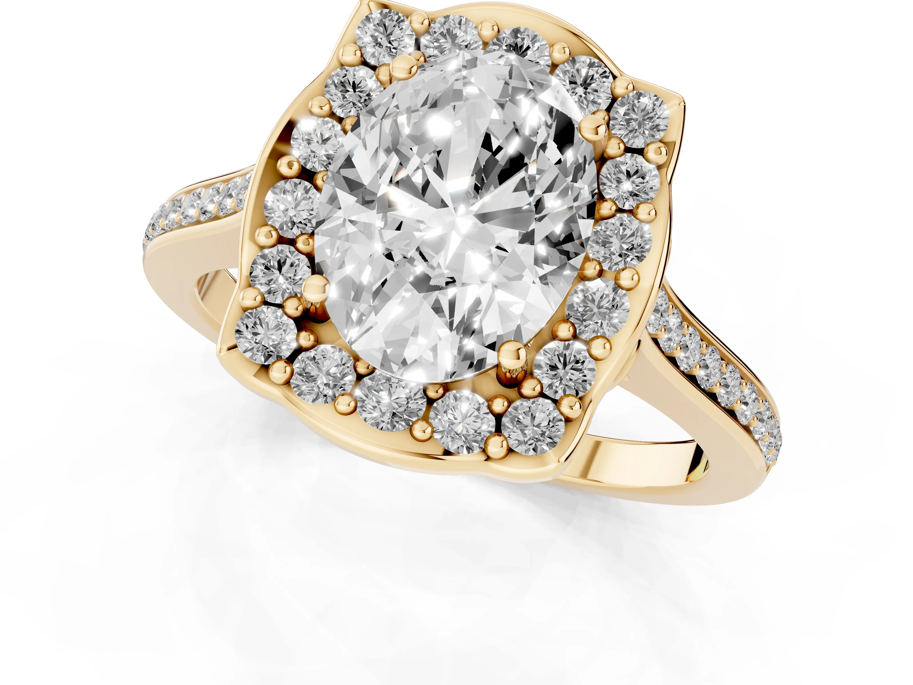 Oval Cut Diamond Halo Ring Set in Yellow gold with Pavé-Lined Shoulders and Prong Setting – second view