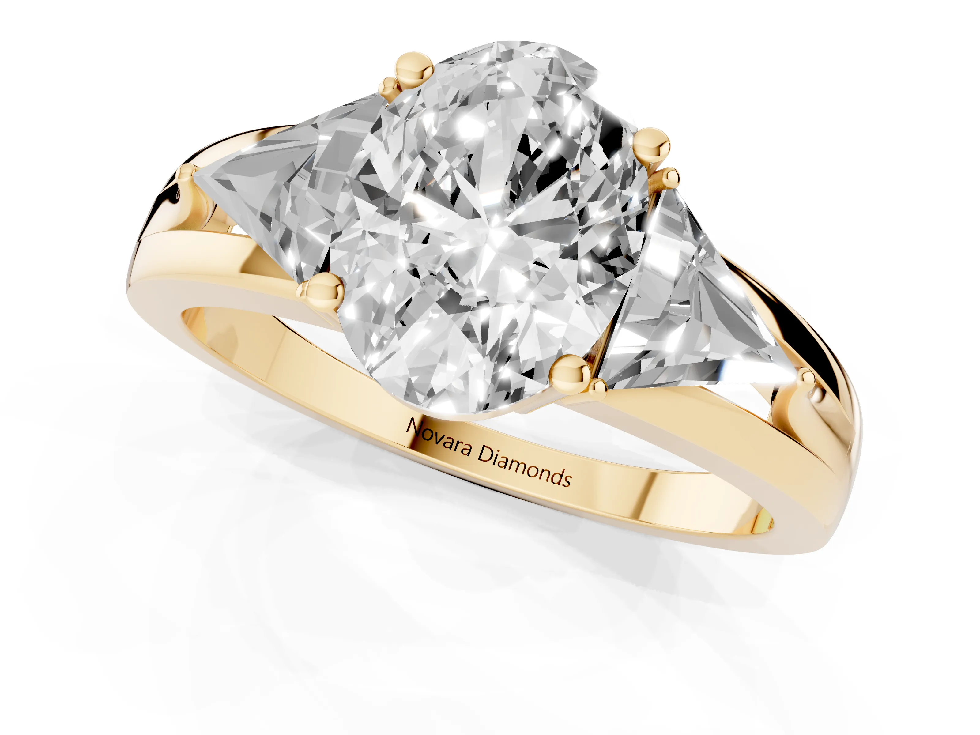 Oval Cut Diamond Three-Stone Ring Set in Yellow gold with Trillion Side Stones and Split Shank – second view