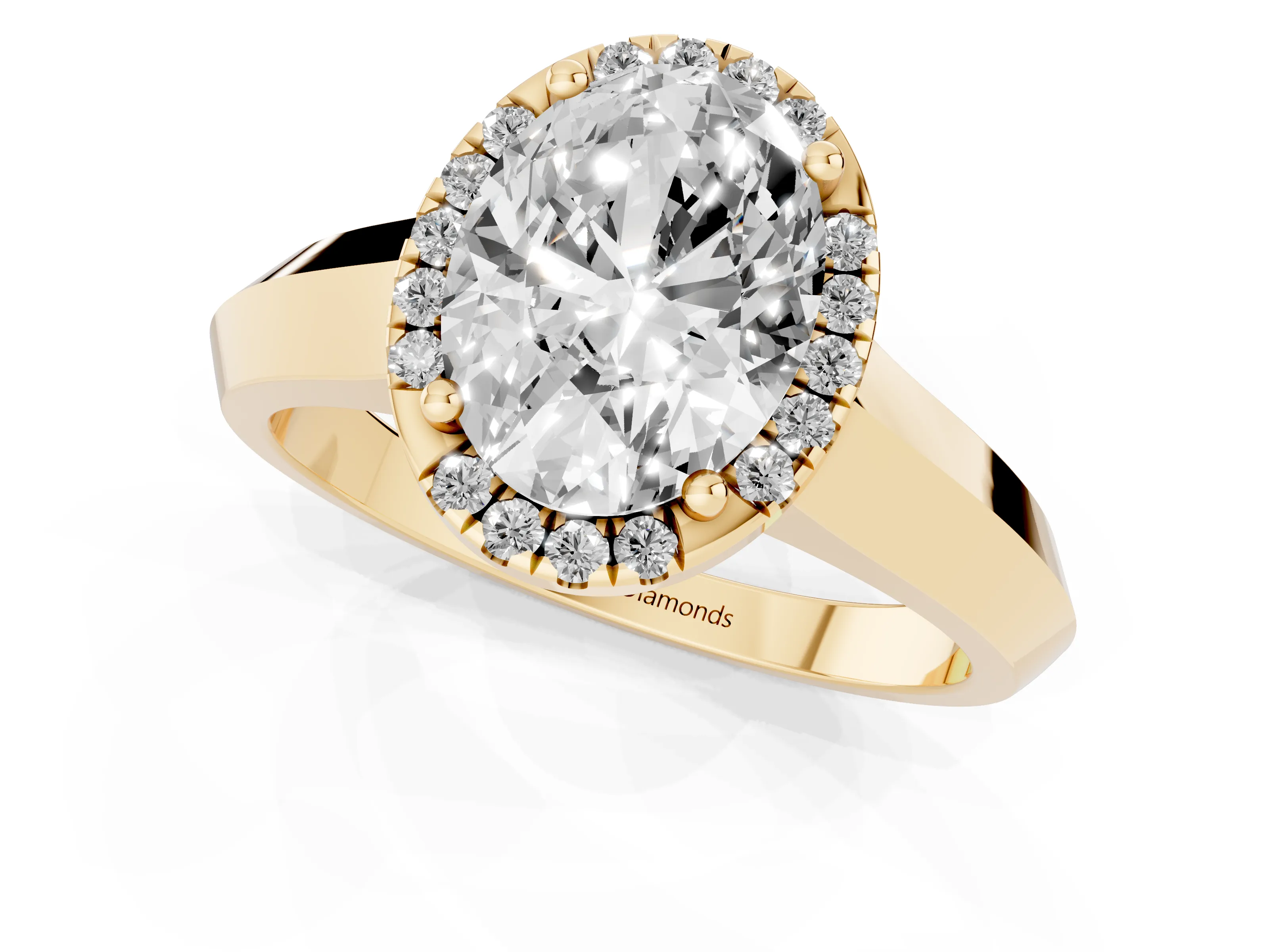 Oval Cut Diamond Halo Ring Set in Yellow gold with Cathedral Band and Prong Setting