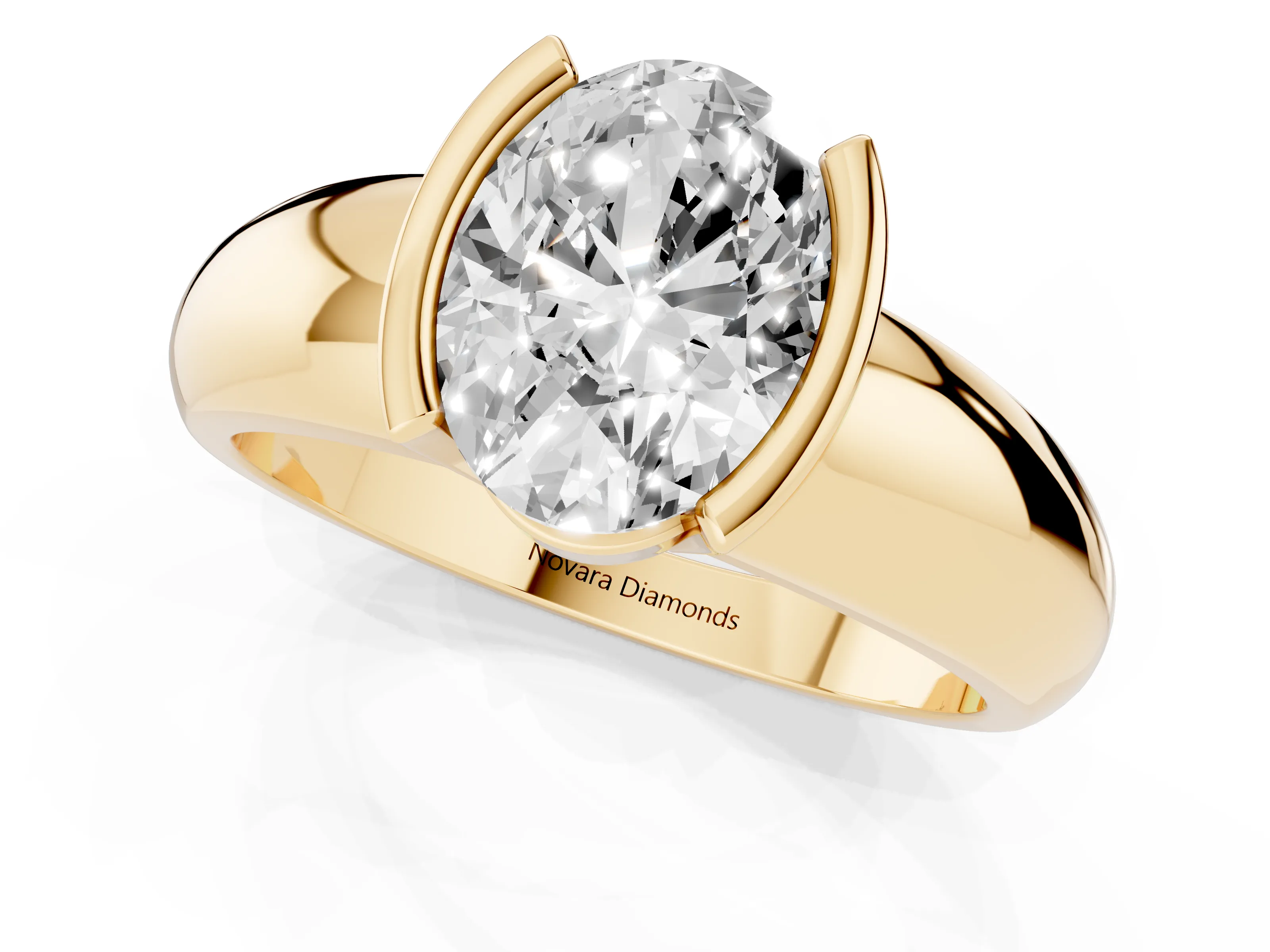Oval Cut Diamond Solitaire Tension Set Ring Set in Yellow gold with Wide Band