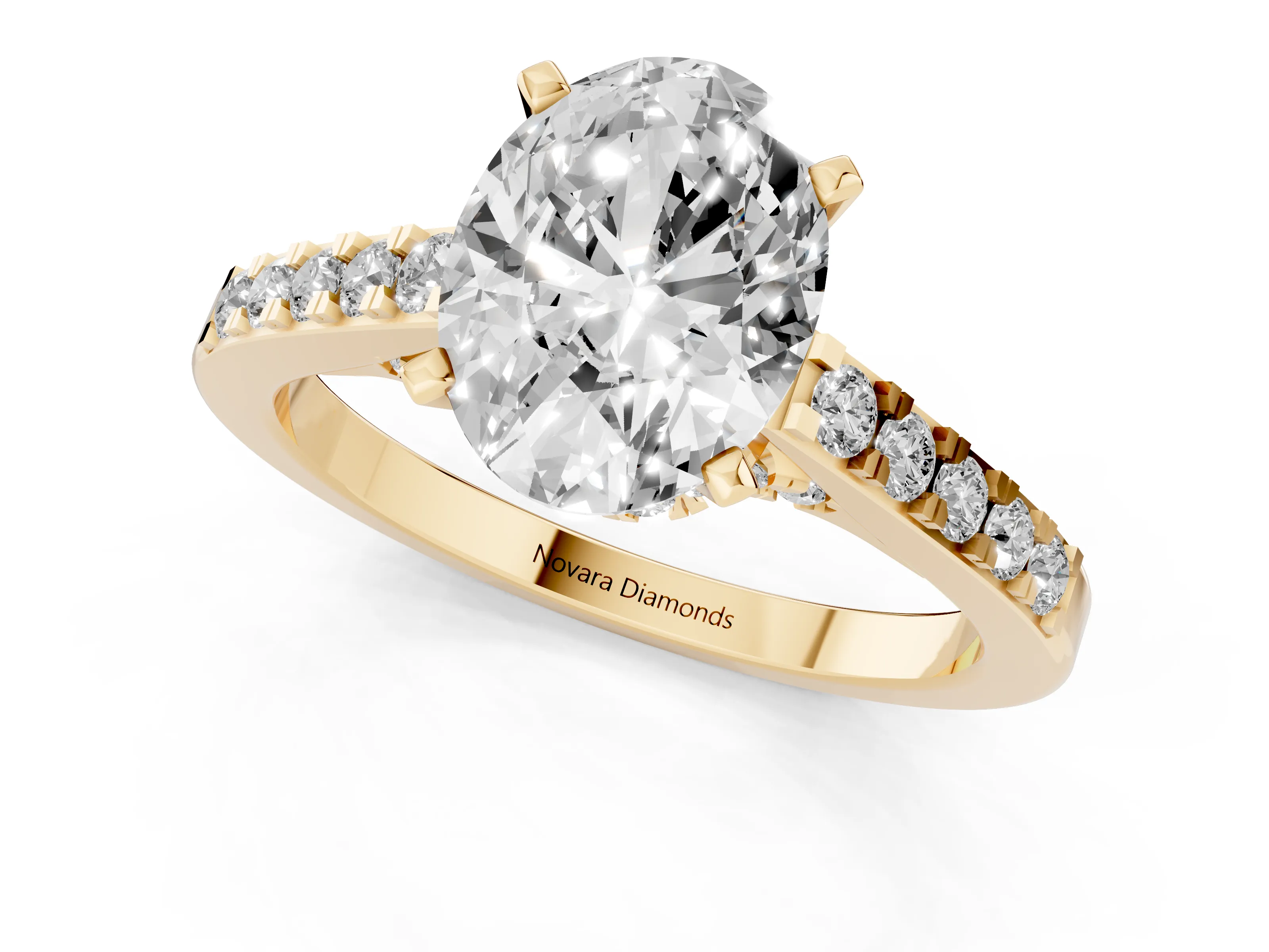 Oval Cut Diamond Solitaire Ring Set in Yellow gold with Crossover Gallery and Round Pavé Band