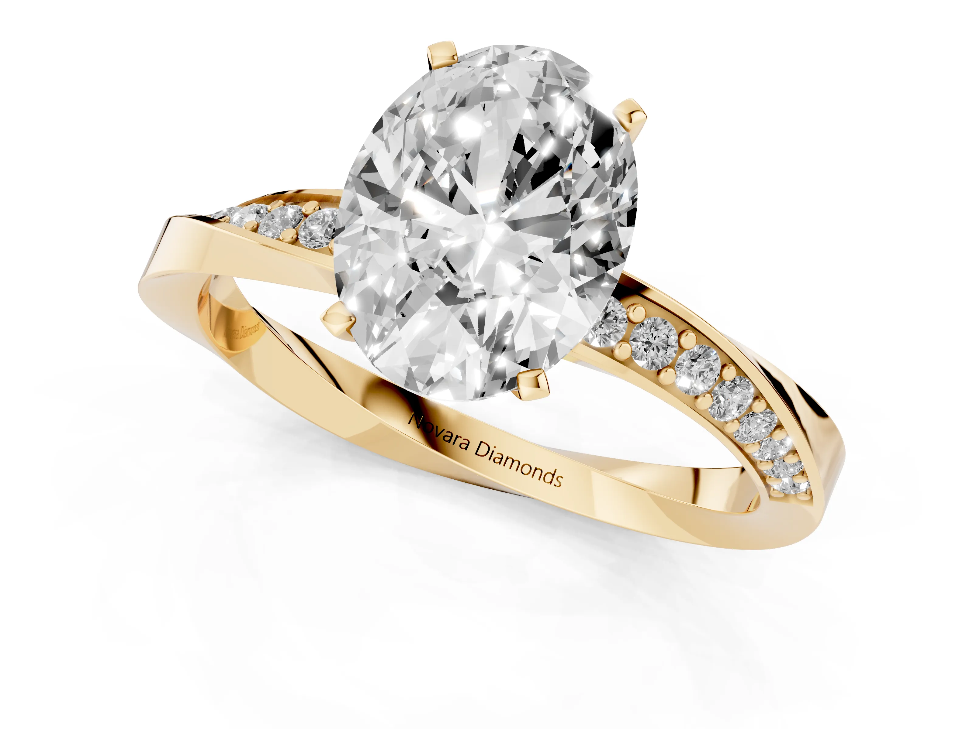 Oval Cut Diamond Engagement Ring Set in Yellow gold with Side Stone Accents and Prong Setting