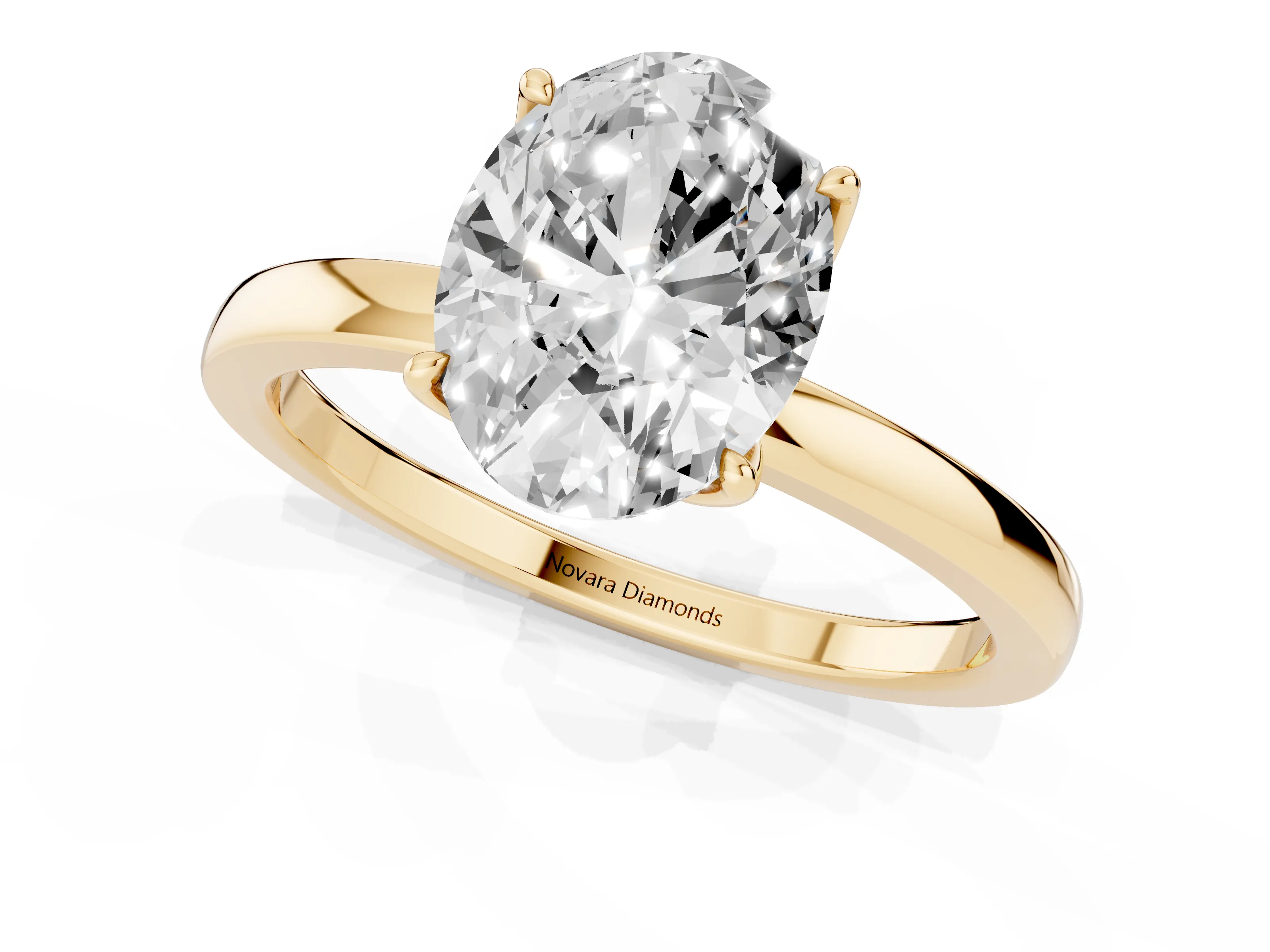 Oval Cut Diamond Solitaire Ring Set in Yellow gold with Prong Setting and Thin Polished Band