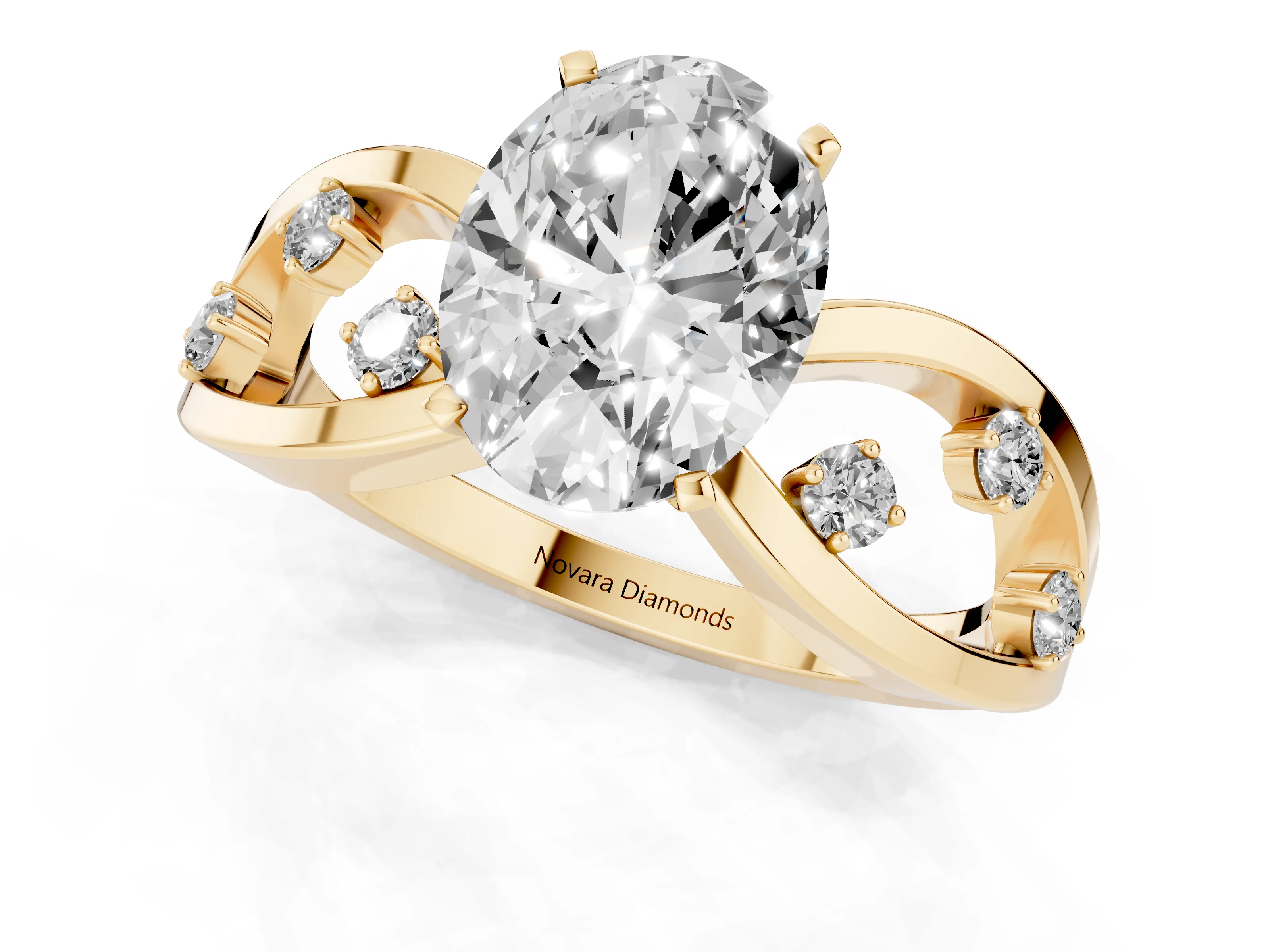 Oval Cut Diamond Solitaire Ring Set in Yellow gold with Side Stones on Criss-Cross Band and Prong Setting