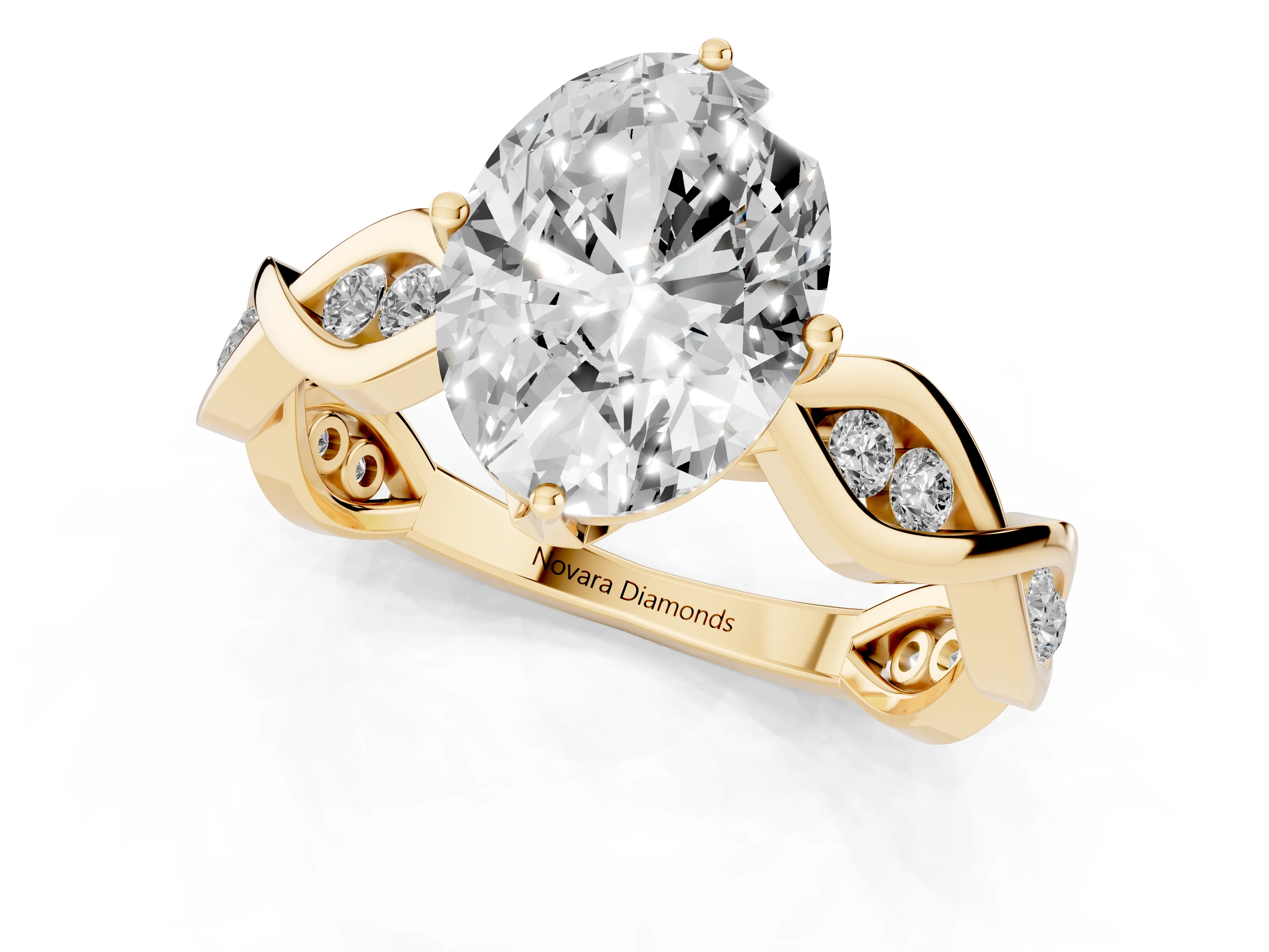 Oval Cut Diamond Twist Band Solitaire Ring Set in Yellow gold with Leaf Prong Setting and Accent Stones