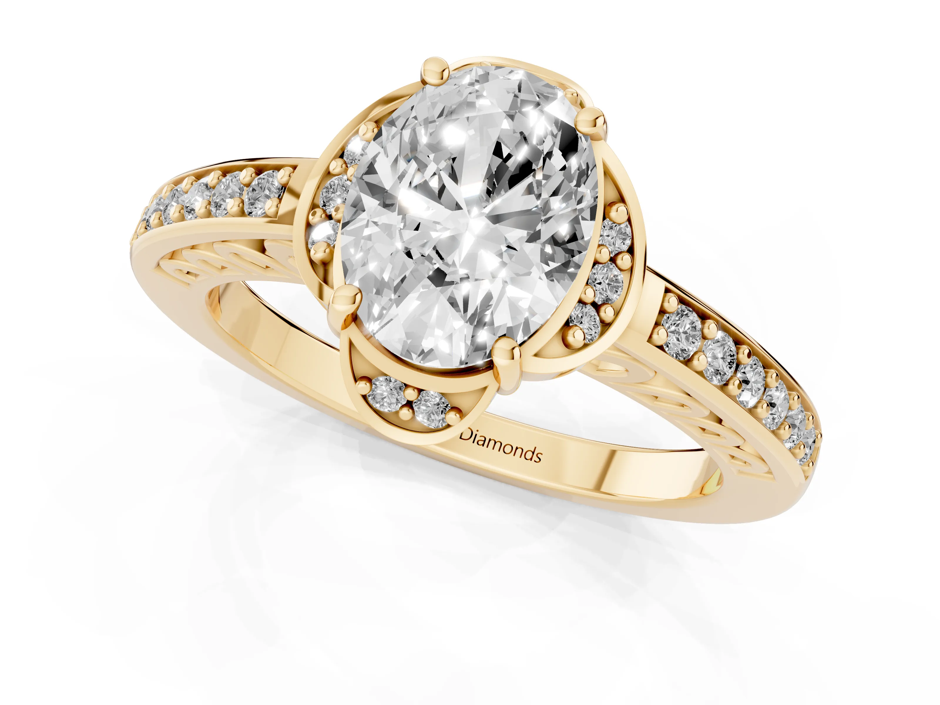 Oval Cut Diamond Halo Ring Set in Yellow gold with Channel Set Band and Prong Setting