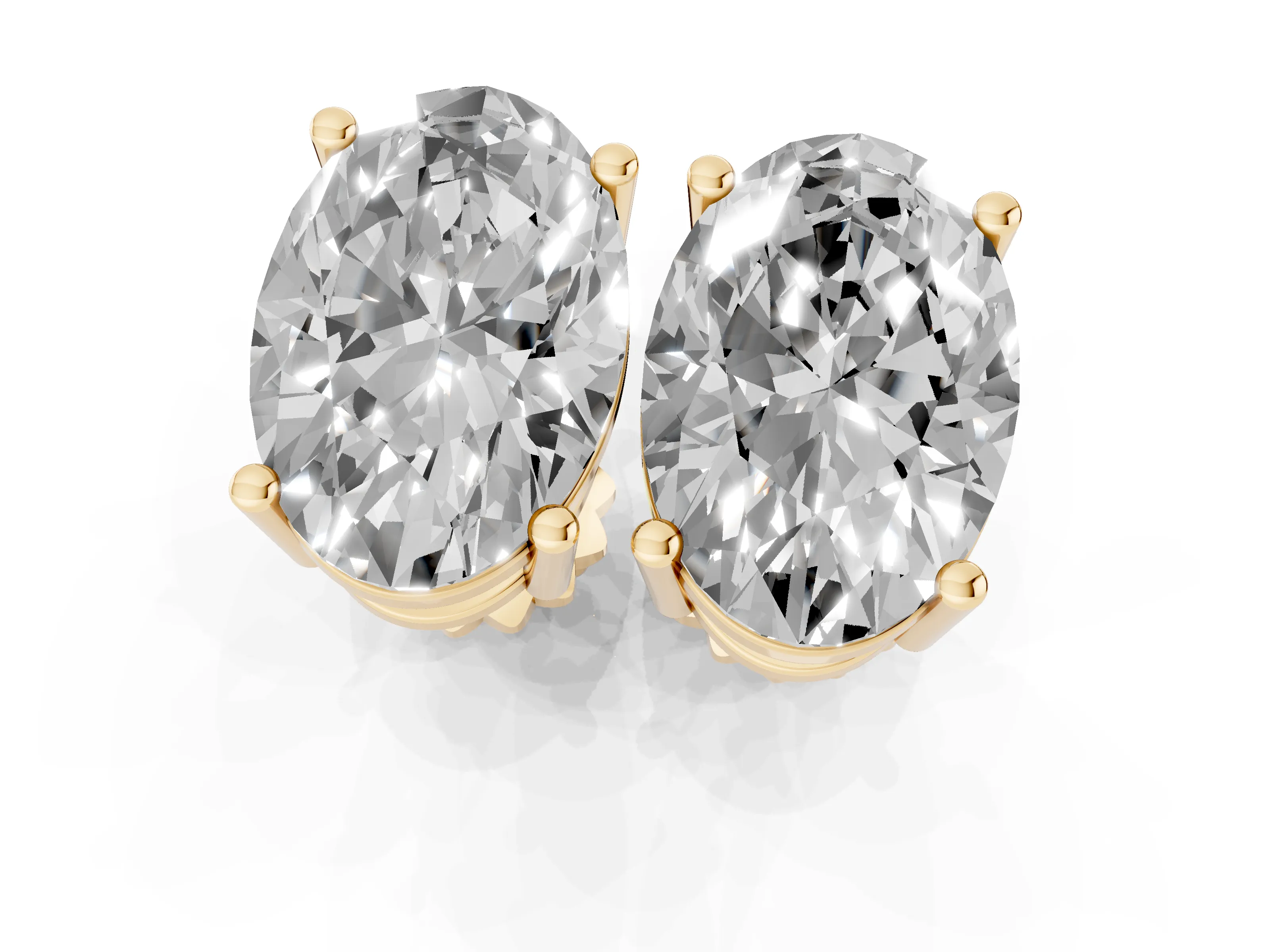 Oval Cut Diamond Solitaire Stud Earrings Set in Yellow gold with Basket Setting – second view