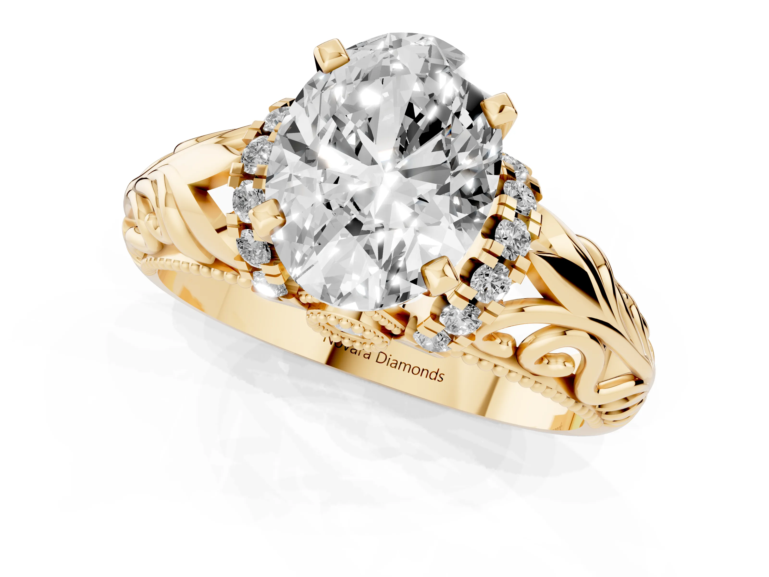Oval Cut Diamond Filigree Halo Engagement Ring Set in Yellow gold with Prong Setting