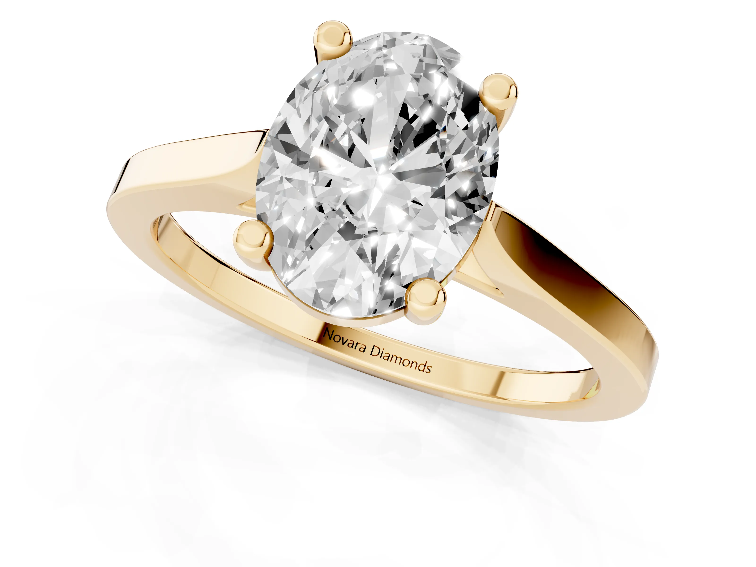 Oval Cut Diamond Solitaire Ring Set in Yellow gold with Prong Setting and Tapered Band