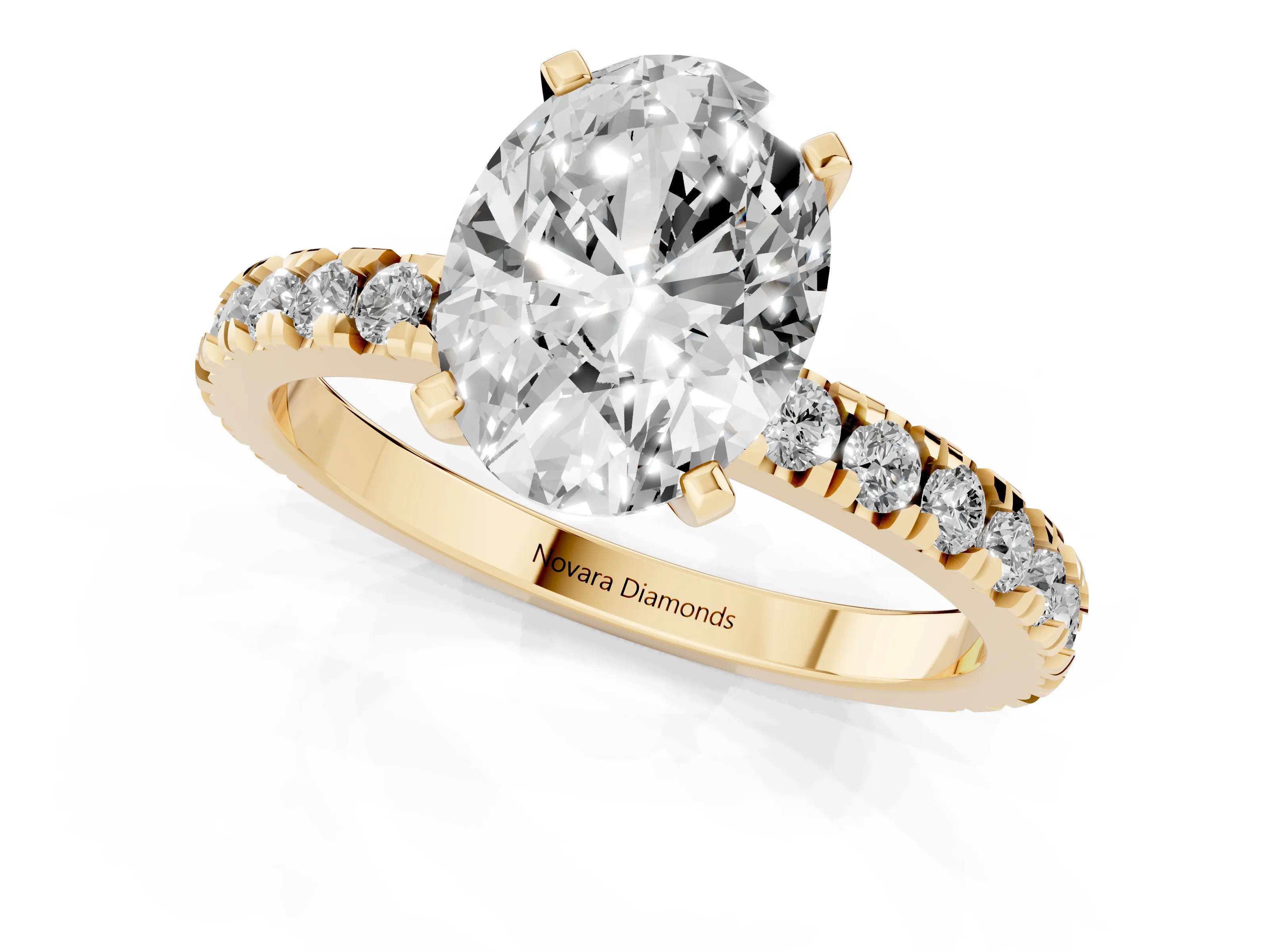 Oval Cut Diamond Pavé Band Solitaire Set in Yellow gold with Prong Setting