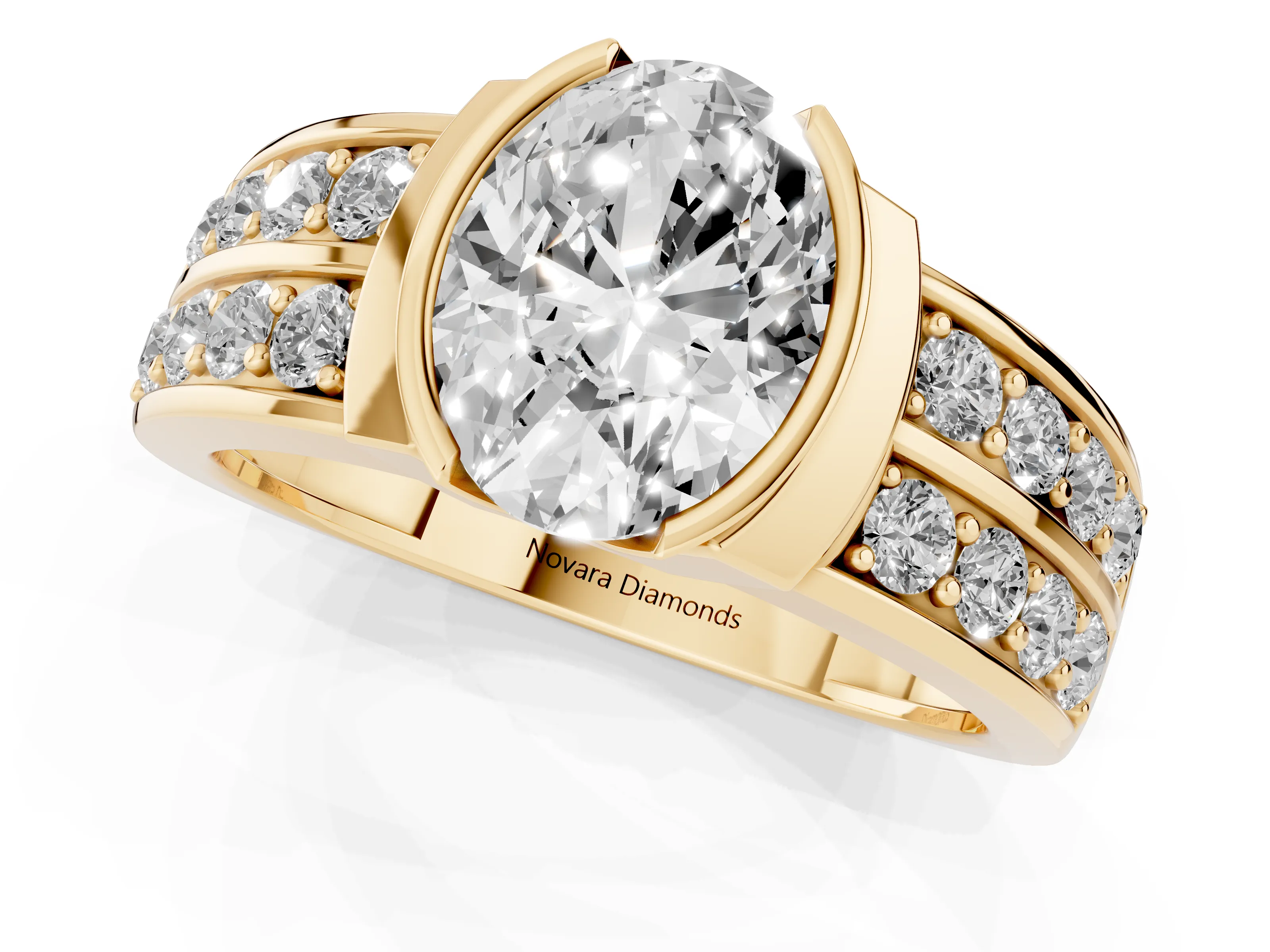 Oval Cut Diamond Wide Channel Set Band Ring Set in Yellow gold with Bezel Setting