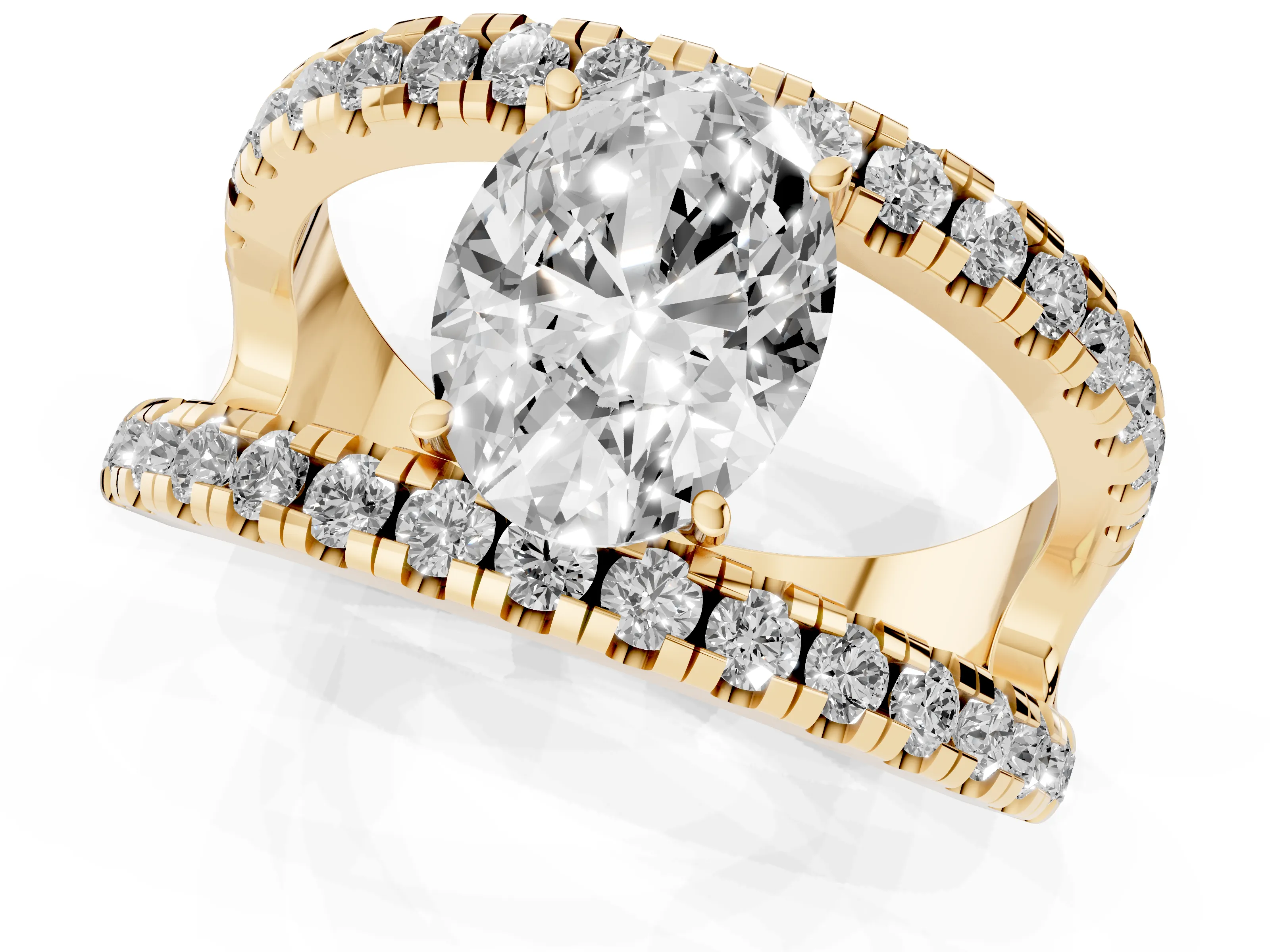 Oval Cut Diamond Split Shank Pavé Solitaire Ring Set in Yellow gold with Open Shank Design