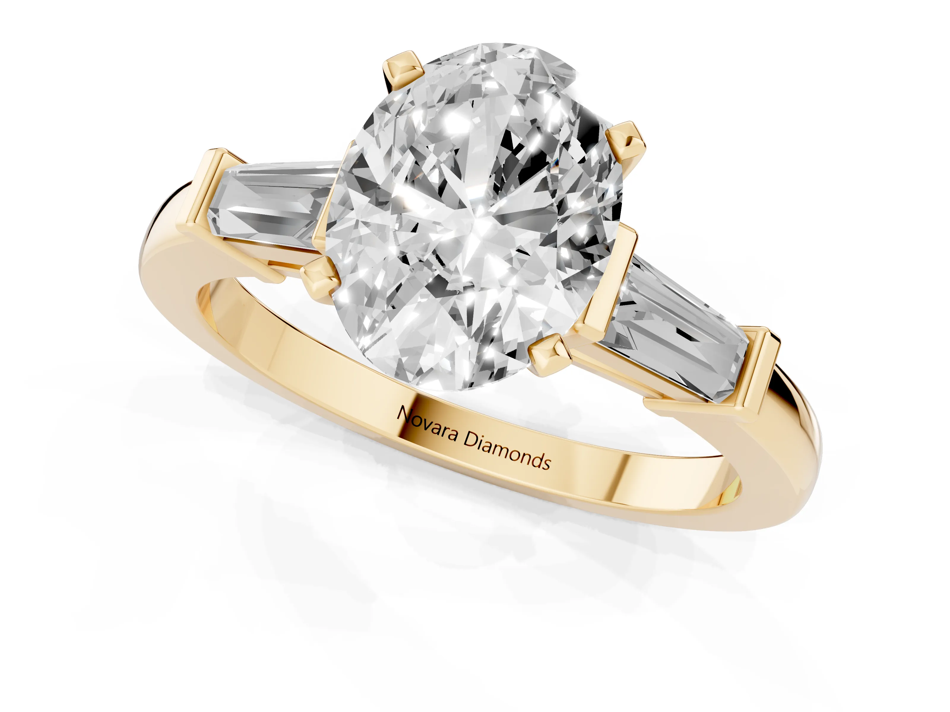 Oval Cut Diamond Solitaire Ring Set in Yellow gold with Tapered Baguette Accents and Prong Setting