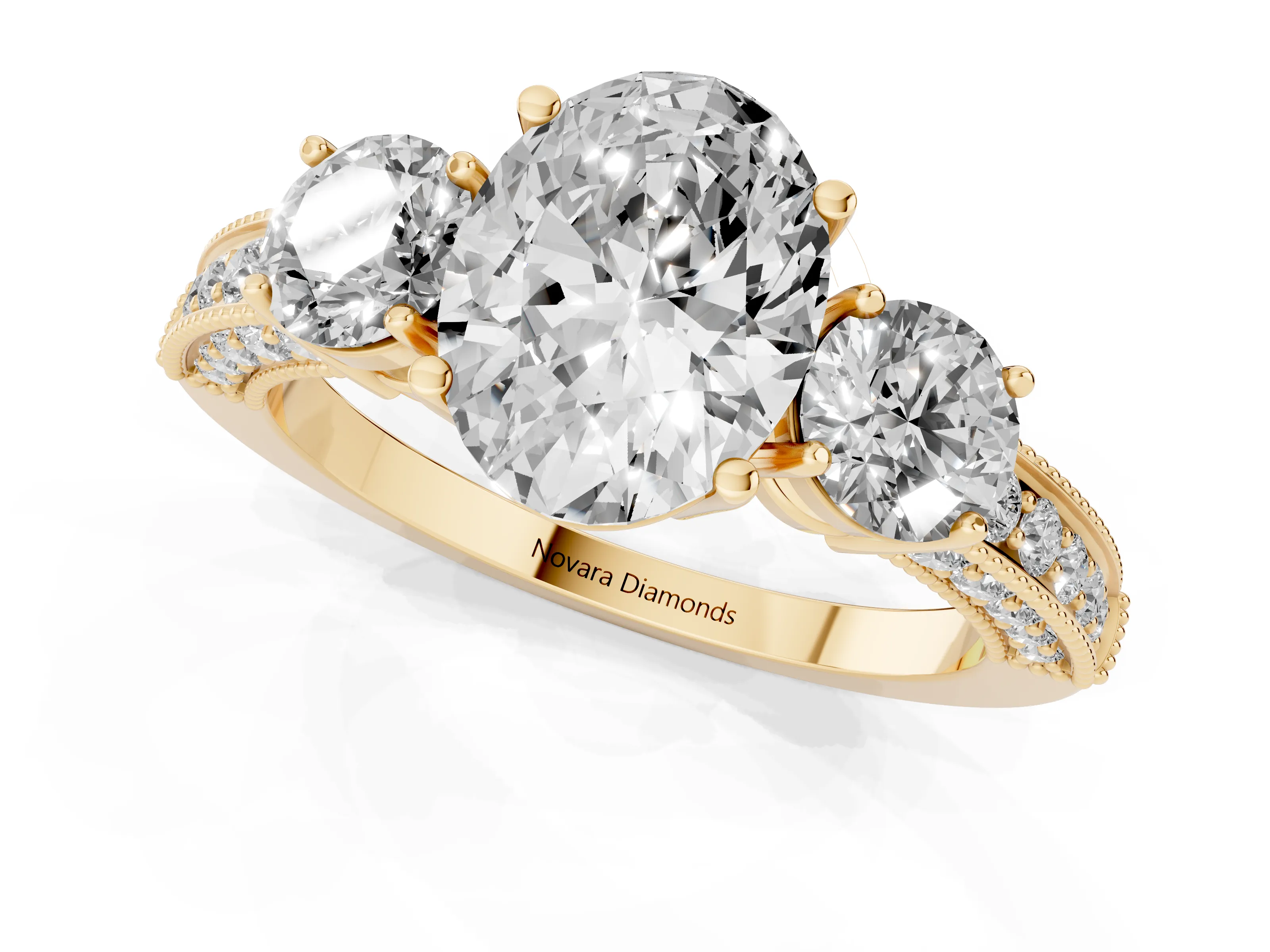 Oval Cut Diamond Three-Stone Ring Set in Yellow gold with Round Side Stones and Pavé Band