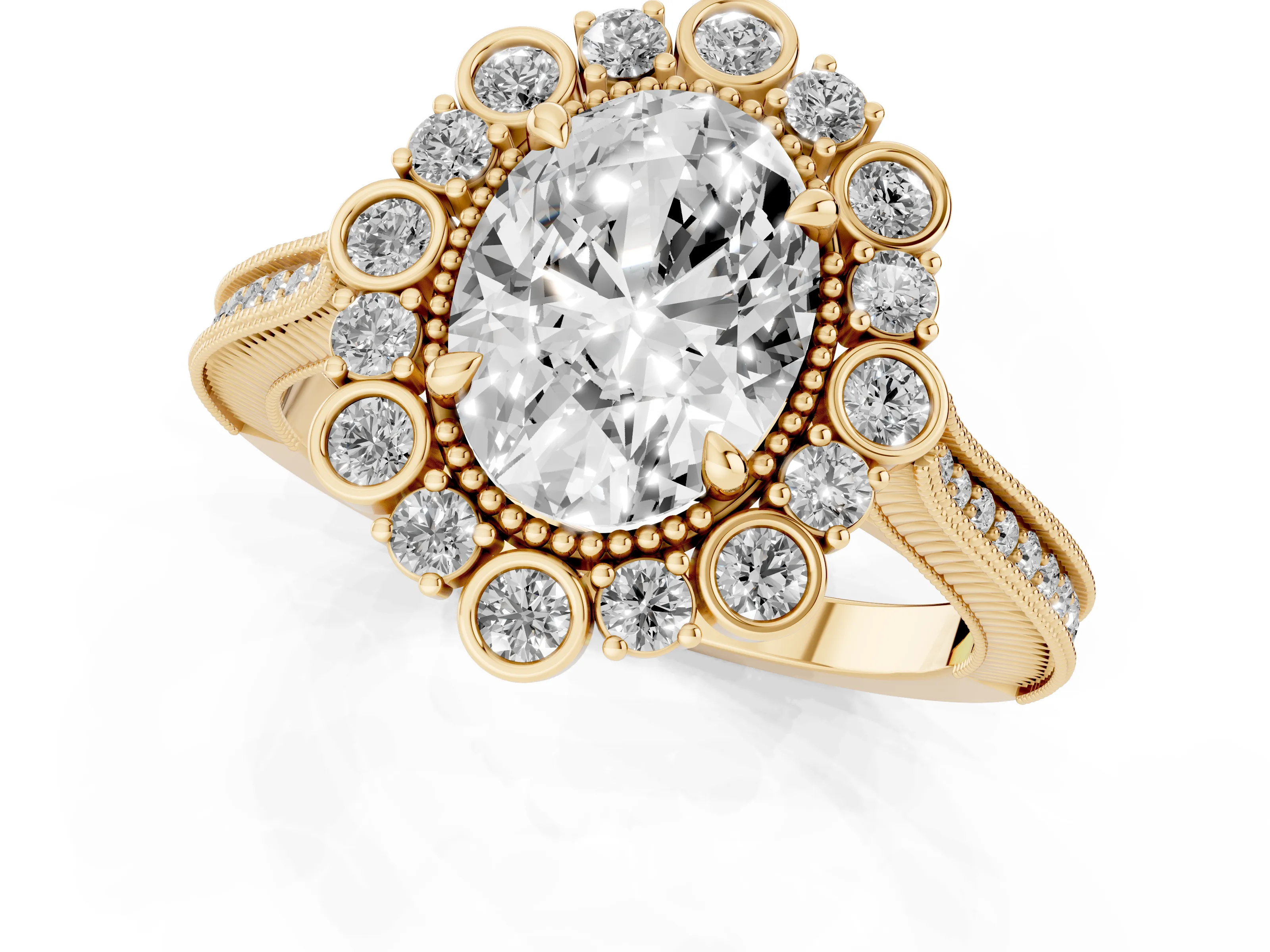 Oval Cut Diamond Halo Milgrain Pavé Ring Set in Yellow gold with Prong Setting – second view