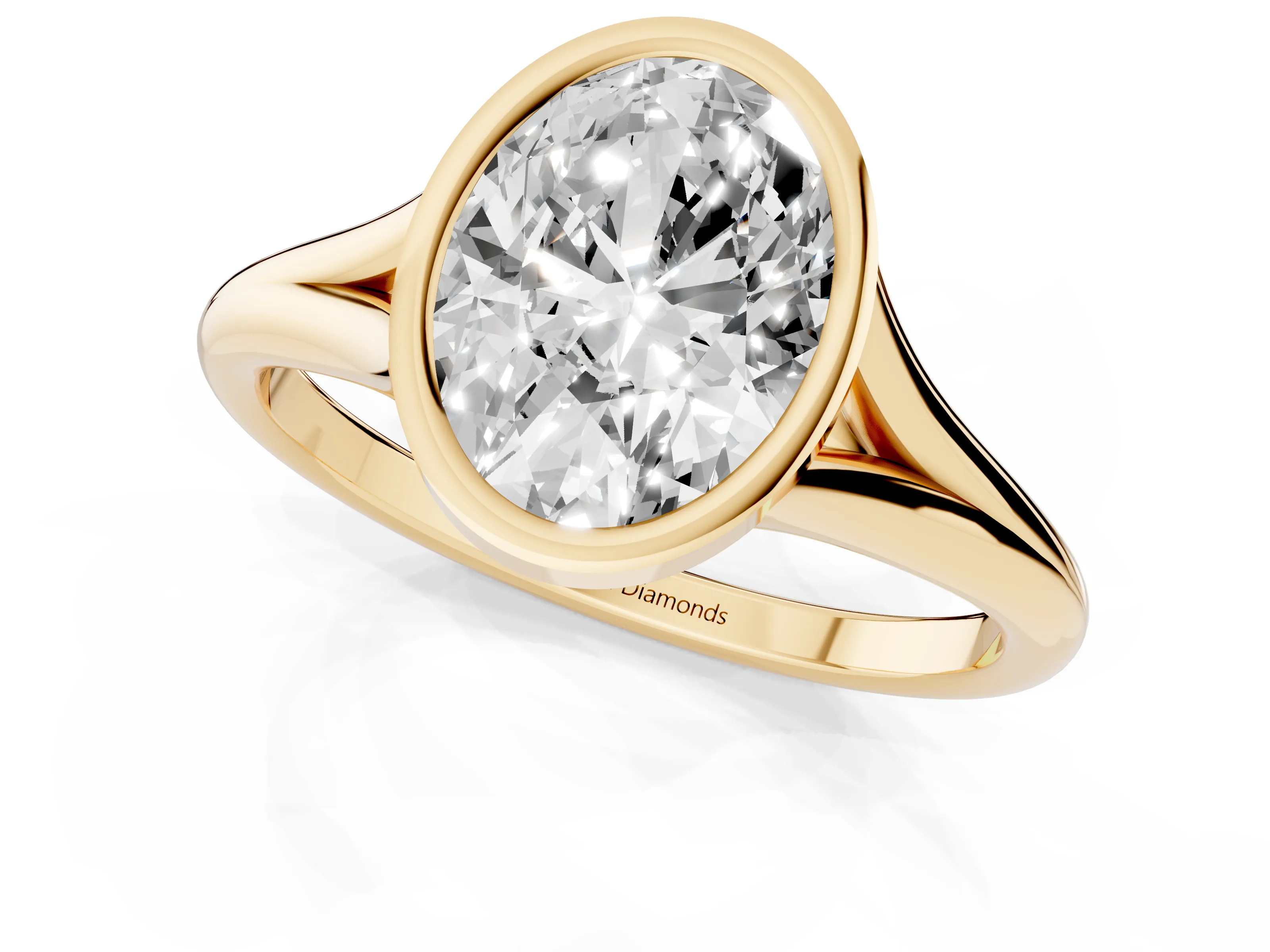 Bezel Set Oval Cut Diamond Solitaire Ring Set in Yellow gold with Tapered Band