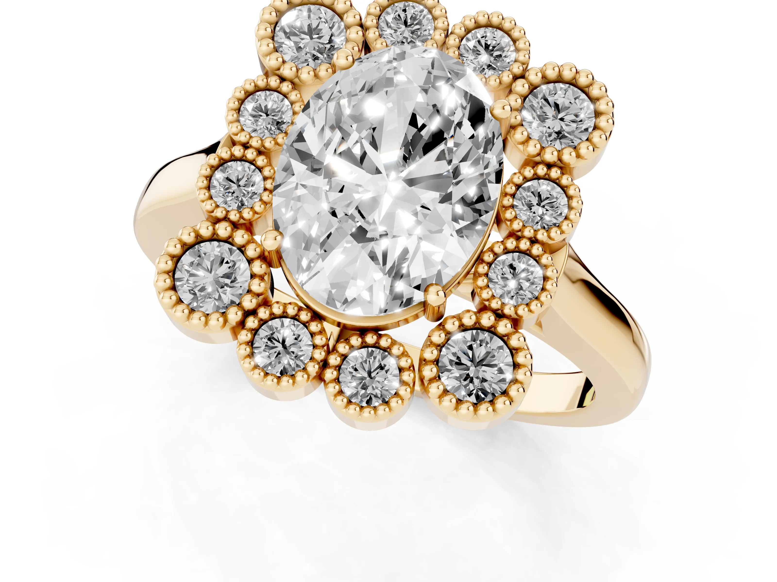 Oval Cut Diamond Cluster Halo Ring Set in Yellow gold with Milgrain Bezel Accents and Plain Band