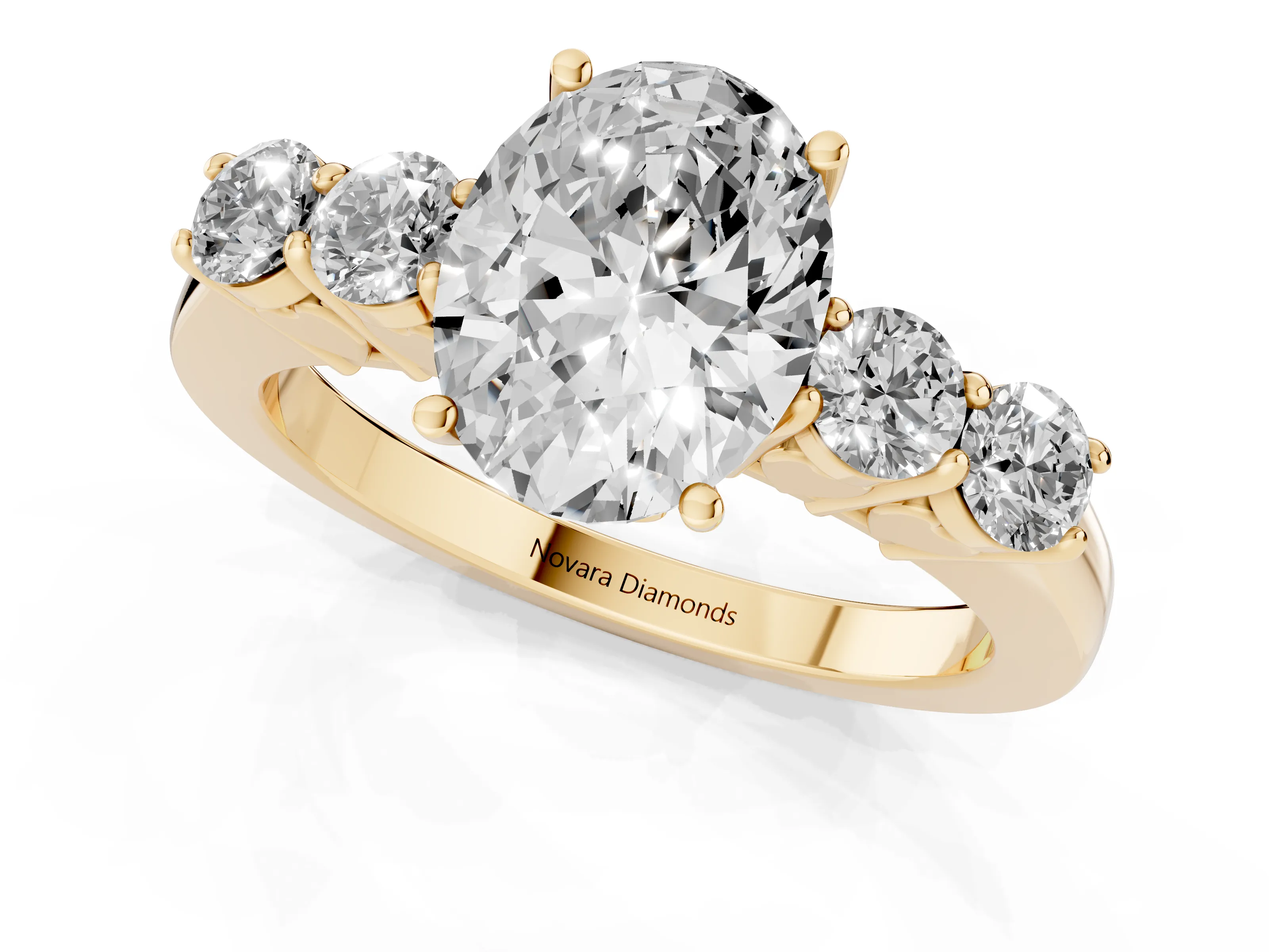Oval Cut Diamond Five-Stone Prong Set Band Ring Set in Yellow gold with Polished Band