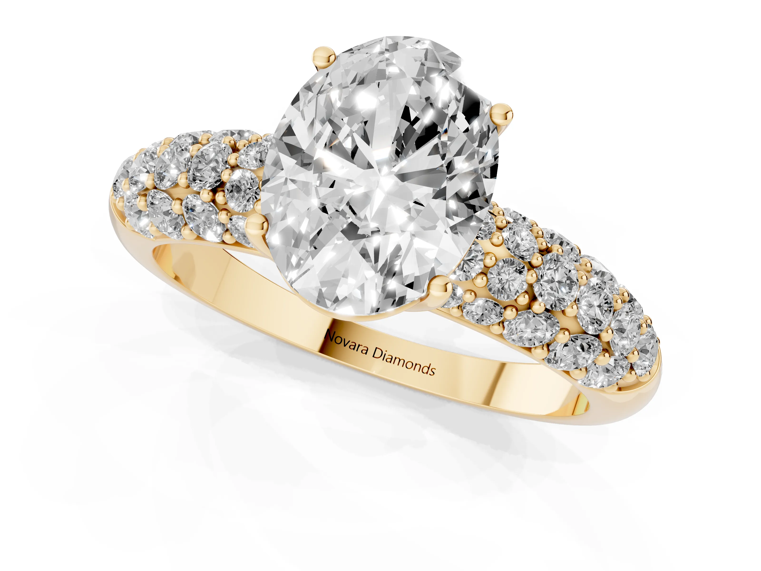 Oval Cut Diamond Pavé Band Solitaire Ring Set in Yellow gold with Close-Set Accent Stones and Prong Setting