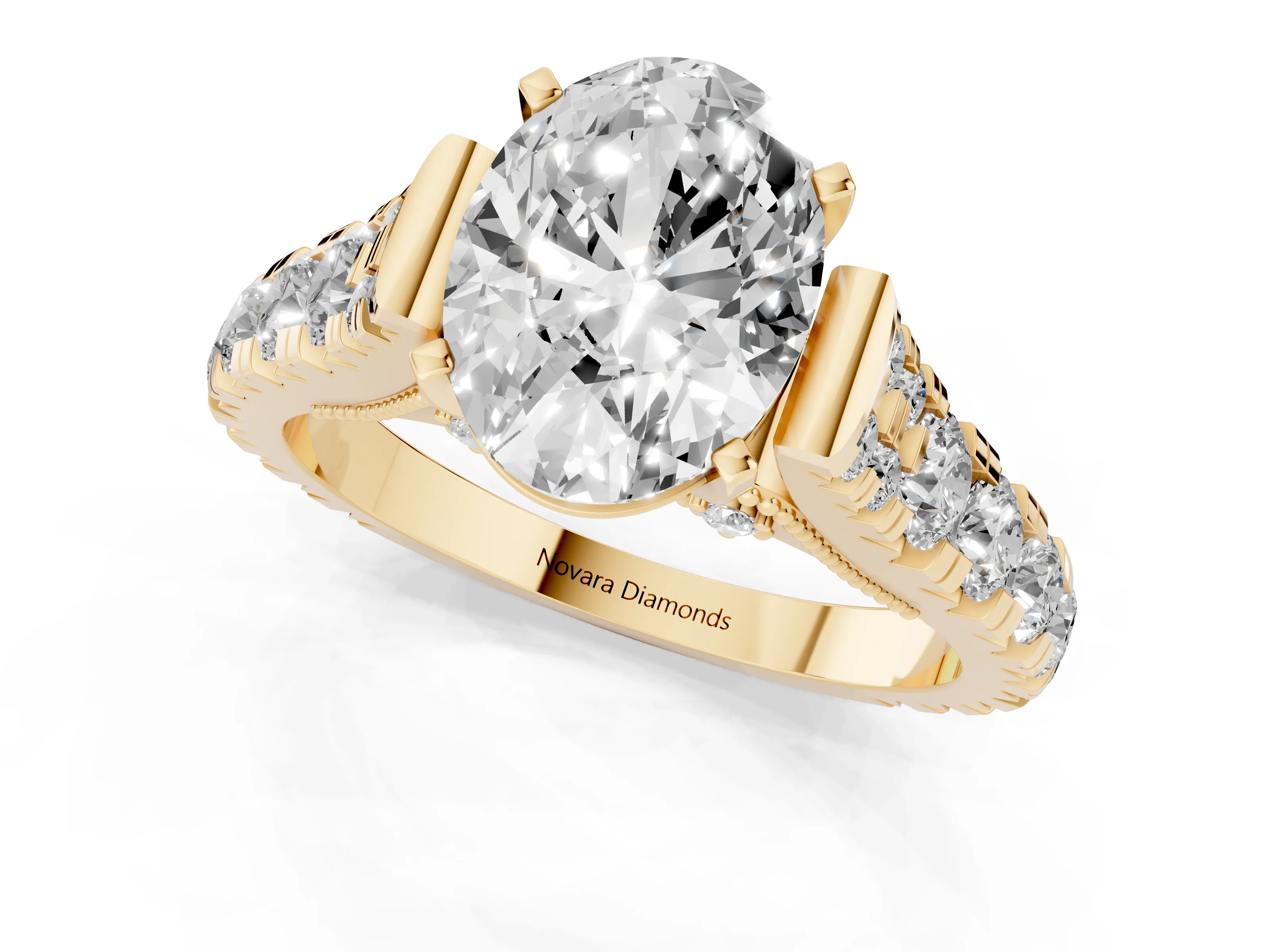 Oval Cut Diamond Classic Solitaire Ring Set in Yellow gold with Pavé Band and Prong Setting